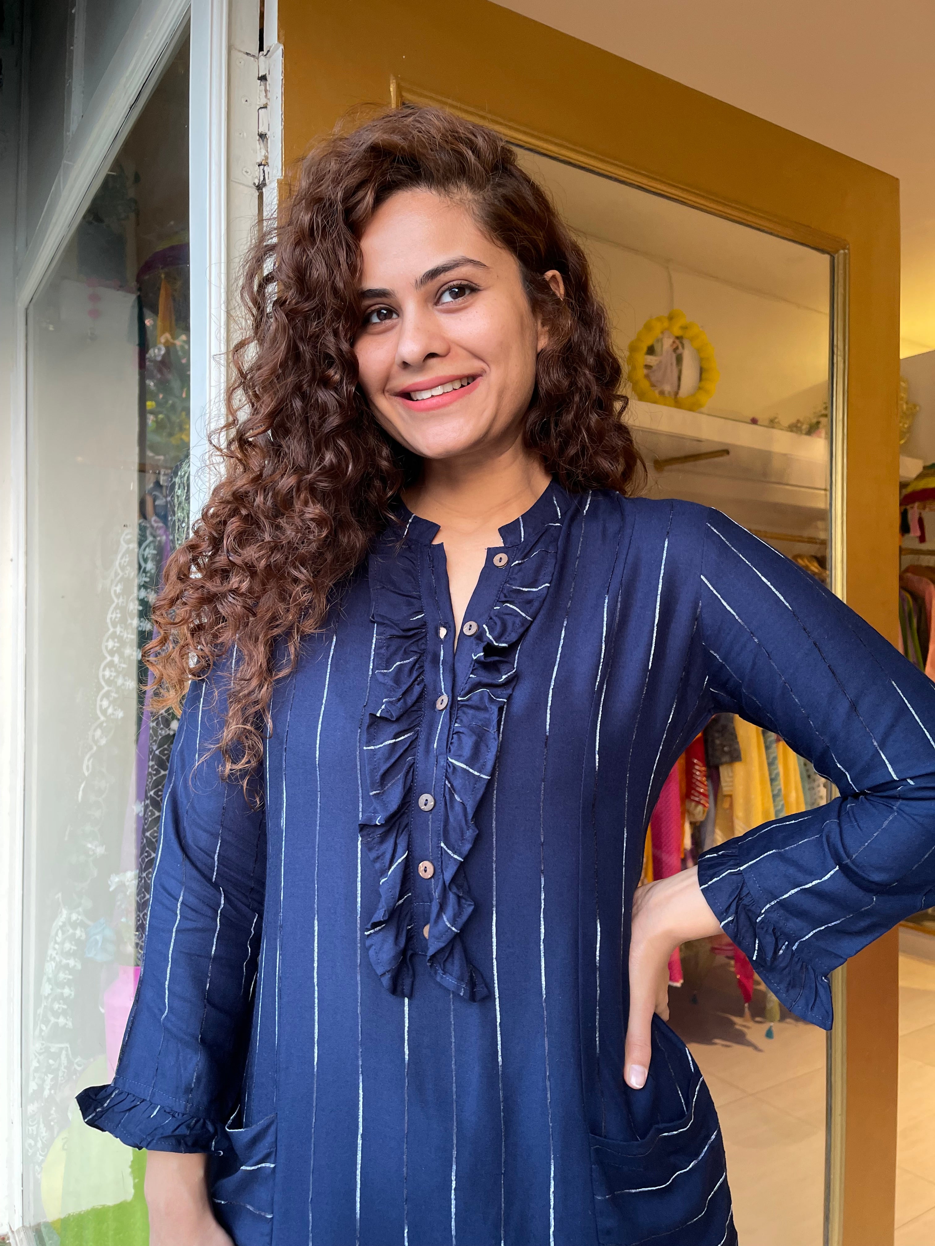 Navy Blue Striped Cotton Co-Ordinate Set for Women - Casual Summer Outfit for Beach, Vacation & Daily Wear