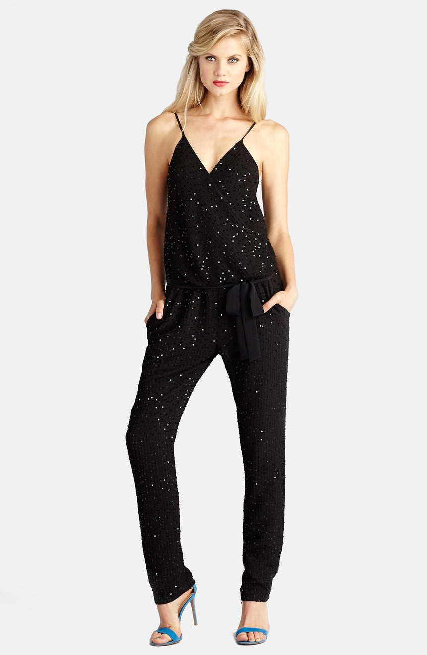 Donna Morgan Black Sequin Wrap Formal Jumpsuit for Women - Elegant Evening Wear for Parties, Weddings & Special Occasions