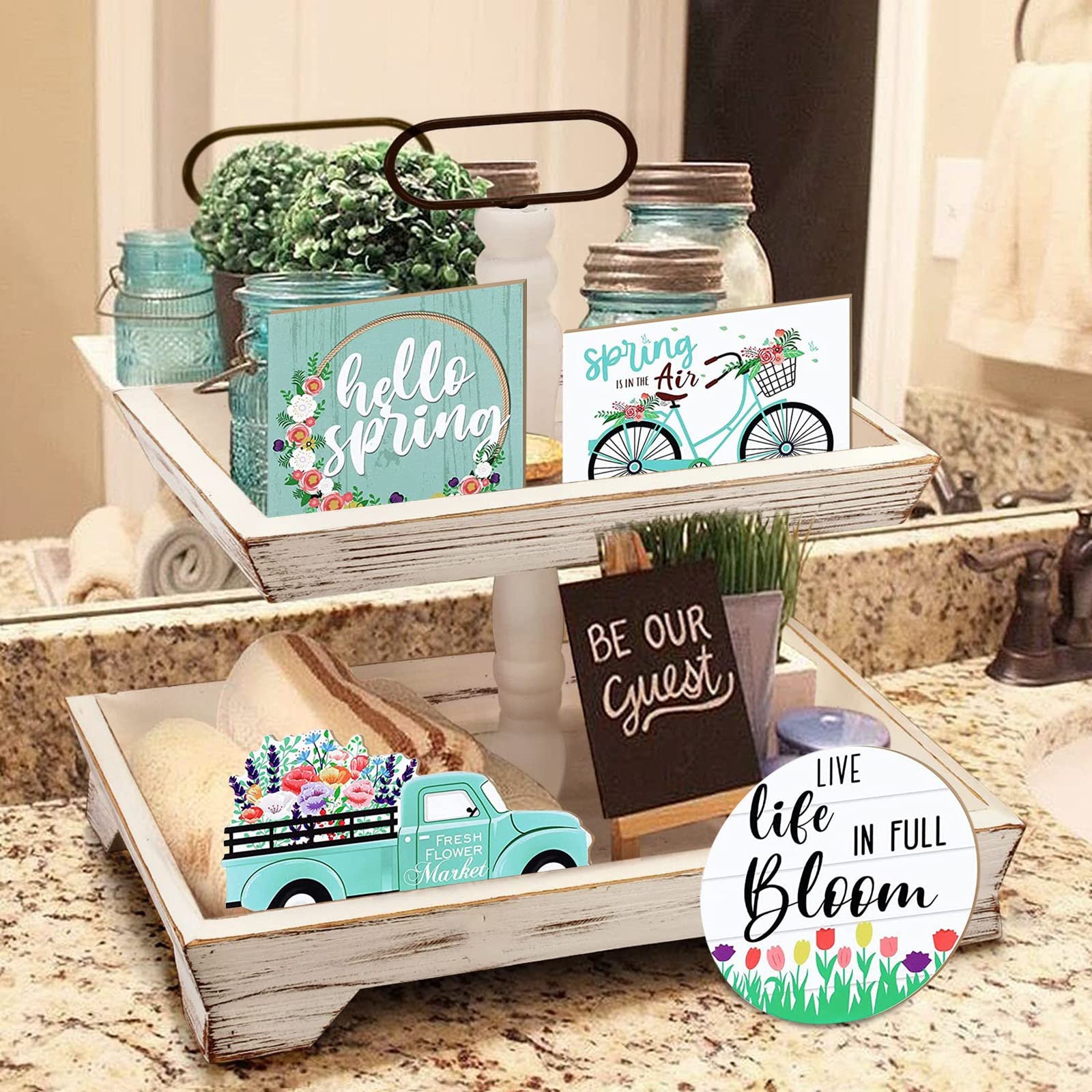 Wlosery 4-Piece Spring Home Decor Set - White & Coffee Tiered Tray Stand for Table, Shelf, or Party Decoration | Perfect for Living Room, Kitchen, and Seasonal Theme Parties