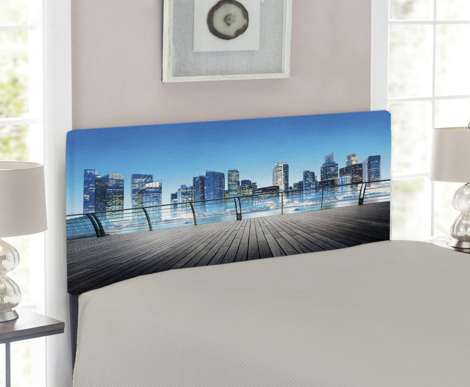 Ambesonne Twin Size Upholstered Headboard - Modern City & Ocean Landscape with Skyscrapers, Memory Foam Support, Pale & Dark Blue - Perfect for Contemporary Bedrooms, Guest Rooms & Coastal Decor