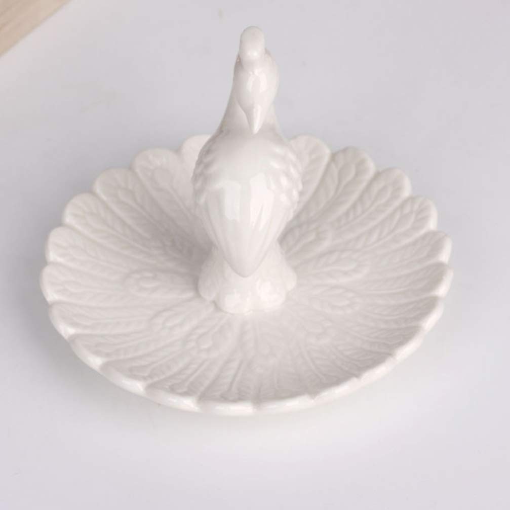 DOITOOL White Porcelain Peacock Ring Dish - Elegant Jewelry Holder & Earrings Storage Tray for Women | Perfect for Vanity, Bathroom, and Gift Giving