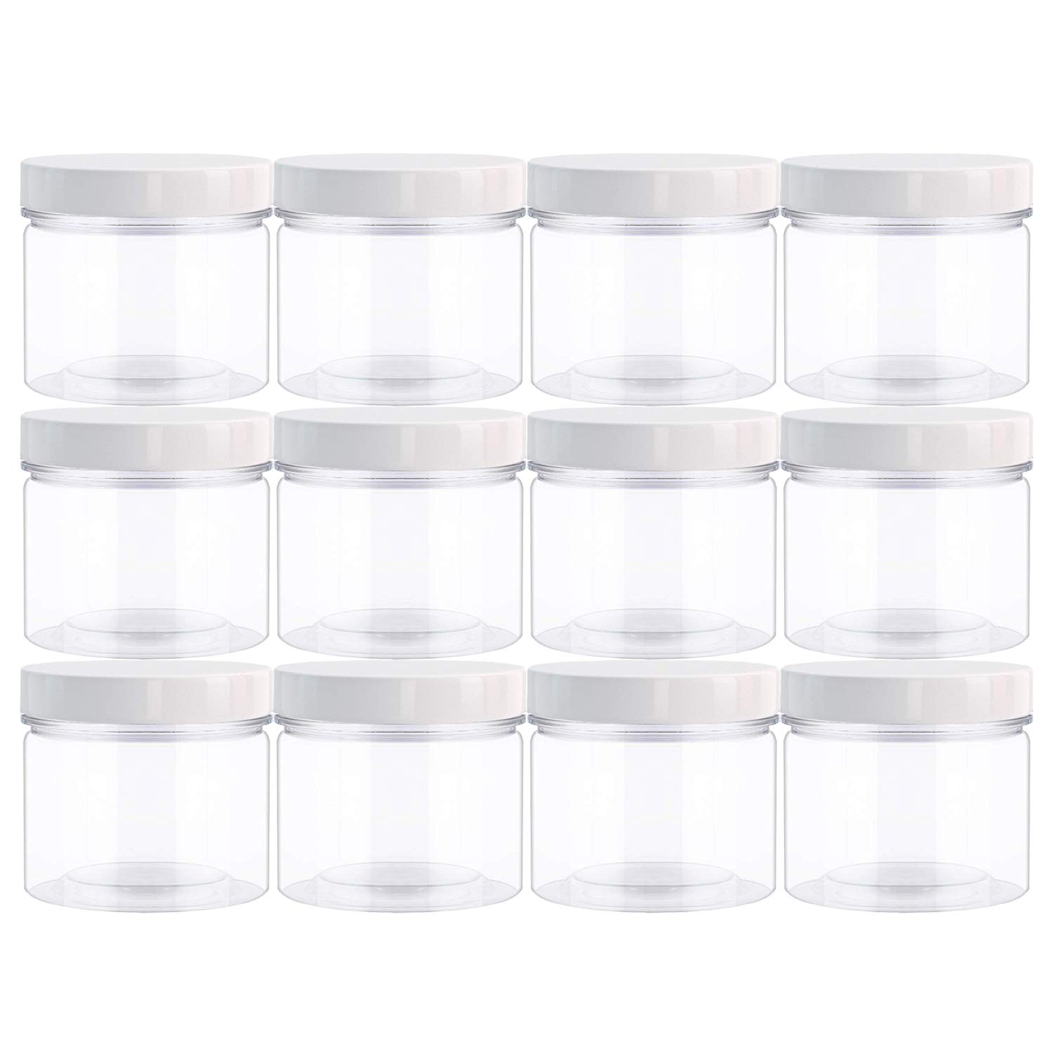 14oz (420ml) 12-Pack Clear Wide Mouth Plastic Jars with Lids & Labels - BPA Free PET Containers for Creams, Cosmetics, Slime Storage - Perfect for DIY Projects, Home Organization & Small Business Packaging (White Lids)