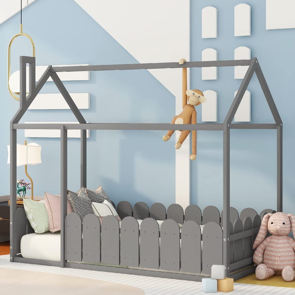 Wood Twin House Bed for Kids with Roof & Fence - Montessori Cabin Bed for Toddlers & Teens (Gray) - Perfect for Small Bedrooms & Play Areas