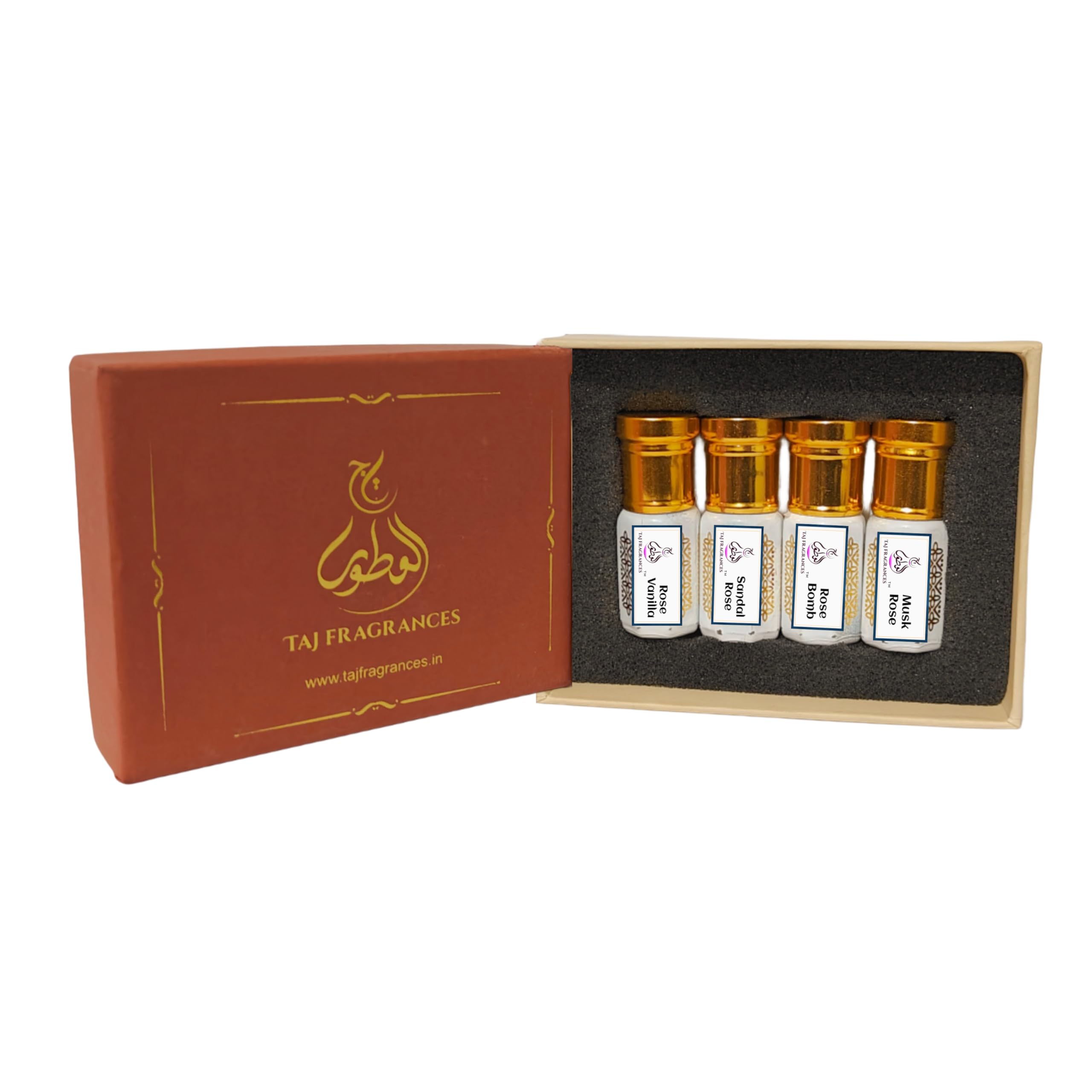Taj Fragrances Set of 4 Premium Attars (3ML Each) - Rose Bomb, Musk Rose, Rose Vanilla & Rose Wardia | Long-Lasting Perfume Oils for Daily Wear, Special Occasions & Gift Giving