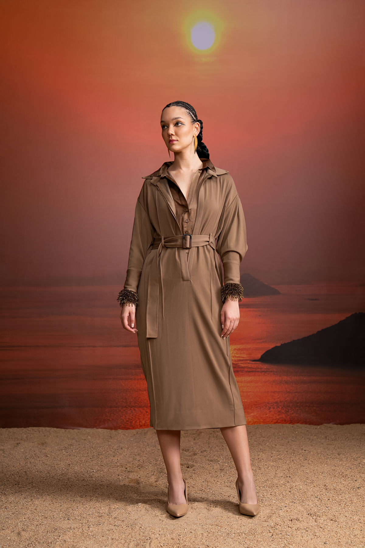 Elegant Beige Shirt Dress with Adjustable Belt & Beaded Spiked Cuff Inner Dress - Perfect for Office Wear, Date Nights and Special Occasions