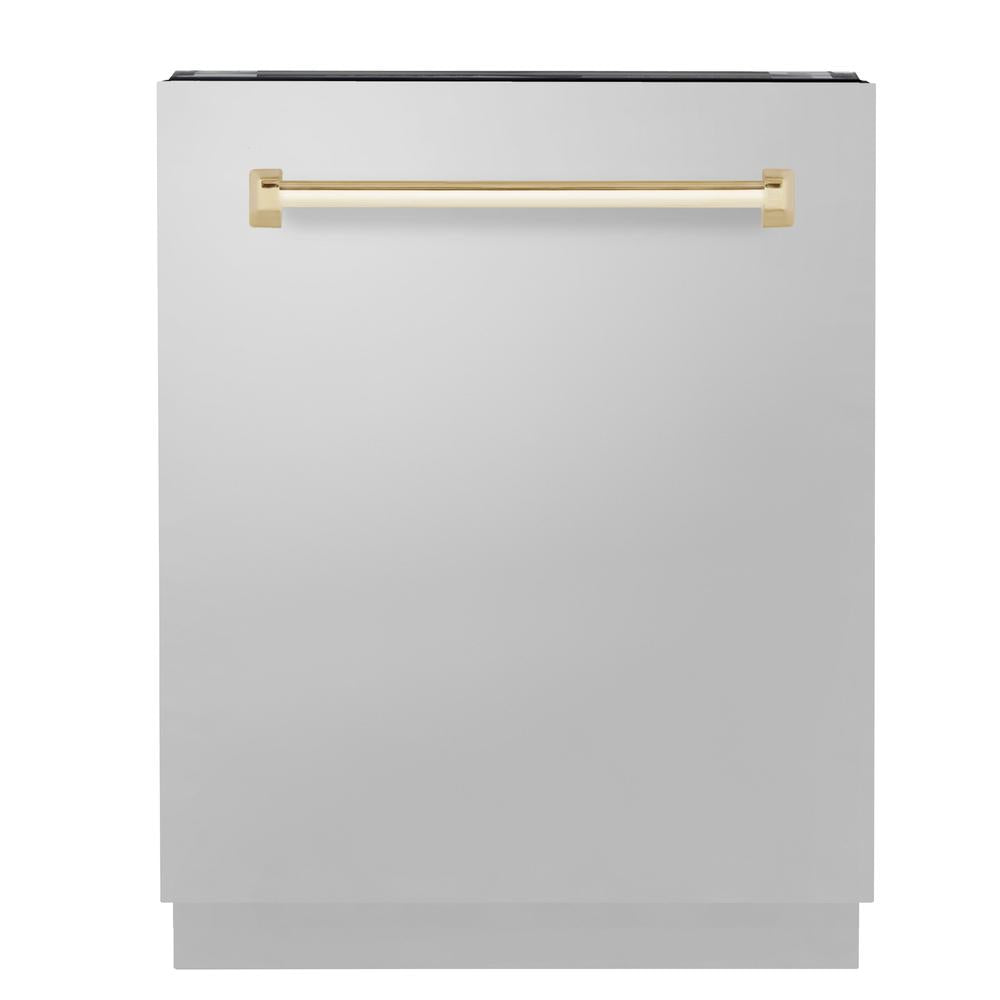 ZLINE Autograph Edition 24 Inch Stainless Steel Dishwasher with Polished Gold Handle - 3rd Rack, Top Control, Tall Tub Design, Ultra Quiet 51dBa (DWVZ 304 24 G) - Perfect for Modern Kitchens and Open-Concept Homes