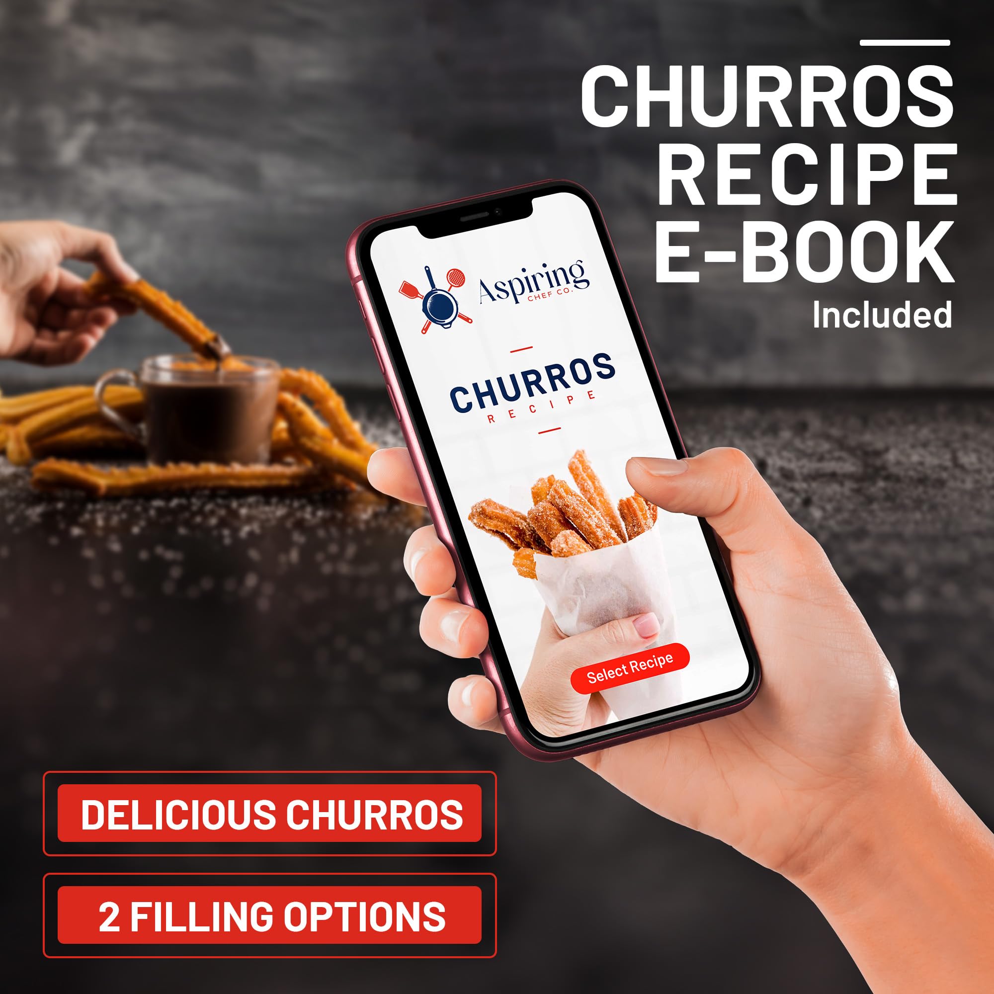 Churro Maker Machine Kit with Gun Handle, Stainless Steel Nozzles, Piping Bag & Recipe E-Book - Easy to Clean Churros Making Set for Home Baking, Party Snacks & Spanish Dessert Preparation