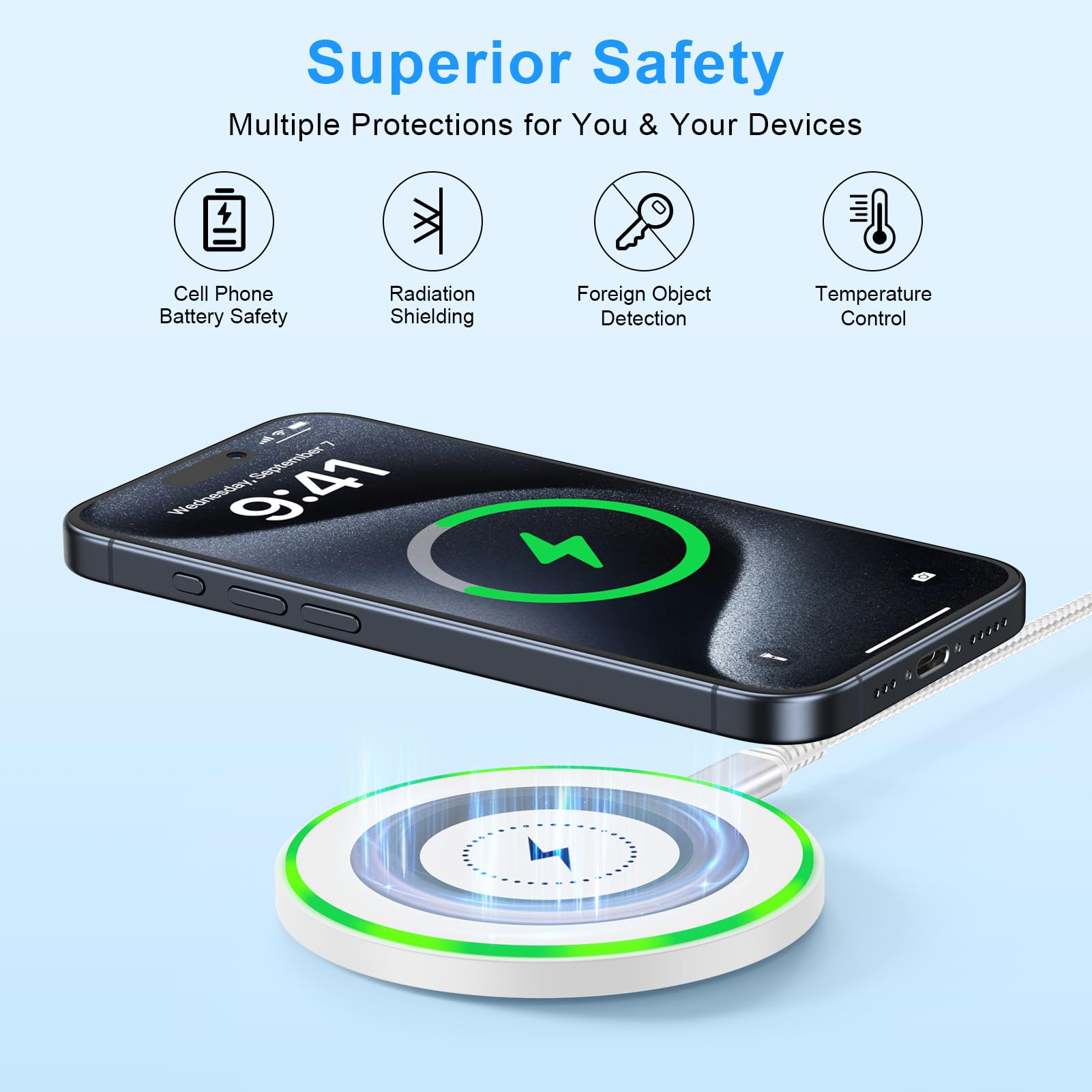 Qi-Certified 15W Max Fast Wireless Charger Pad - Compatible with iPhone 16/15/14/13/12 Pro Max, Samsung Galaxy S25 Ultra/S24/S23+/S22, Google Pixel 9/8a/7/6 Pro | Bedside, Office & Car Charging Station