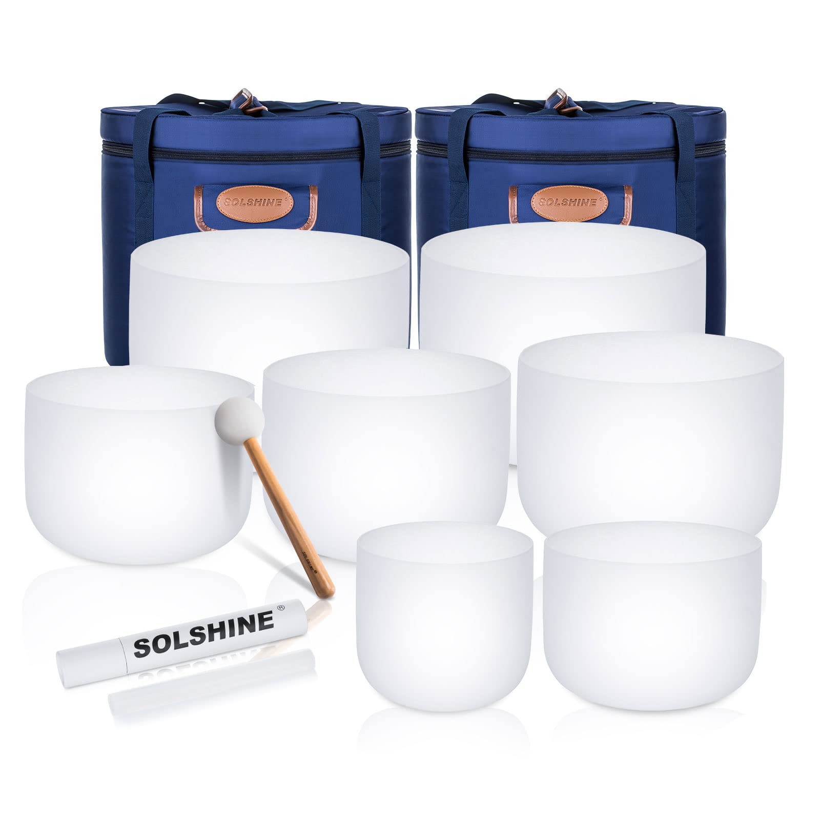 SOLSHINE 7-Piece 6-12 Inch Crystal Singing Bowl Set for Sound Therapy & Meditation - Includes Heavy Duty Carrying Case, Crystal Mallet & O-Ring Sound Repairer - Perfect for Yoga, Reiki, Chakra Balancing & Stress Relief