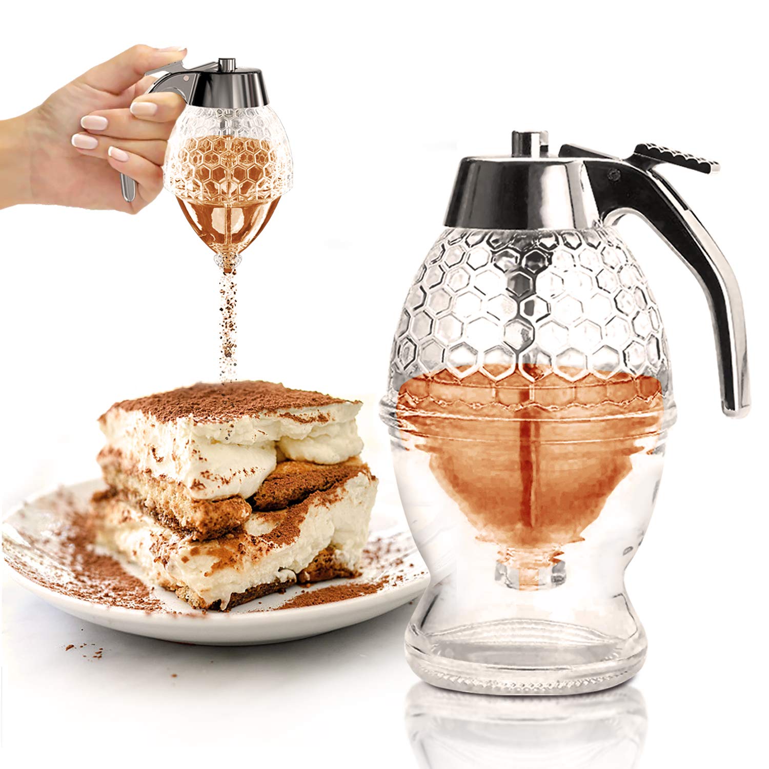 Premium No Drip Glass Honey Dispenser with Stand - 8oz Clear Honey Jar with Dipper & Flip Top Lid - Perfect for Maple Syrup, Tea, Coffee & Breakfast Table - Leakproof Honey Pot for Kitchen & Dining Room