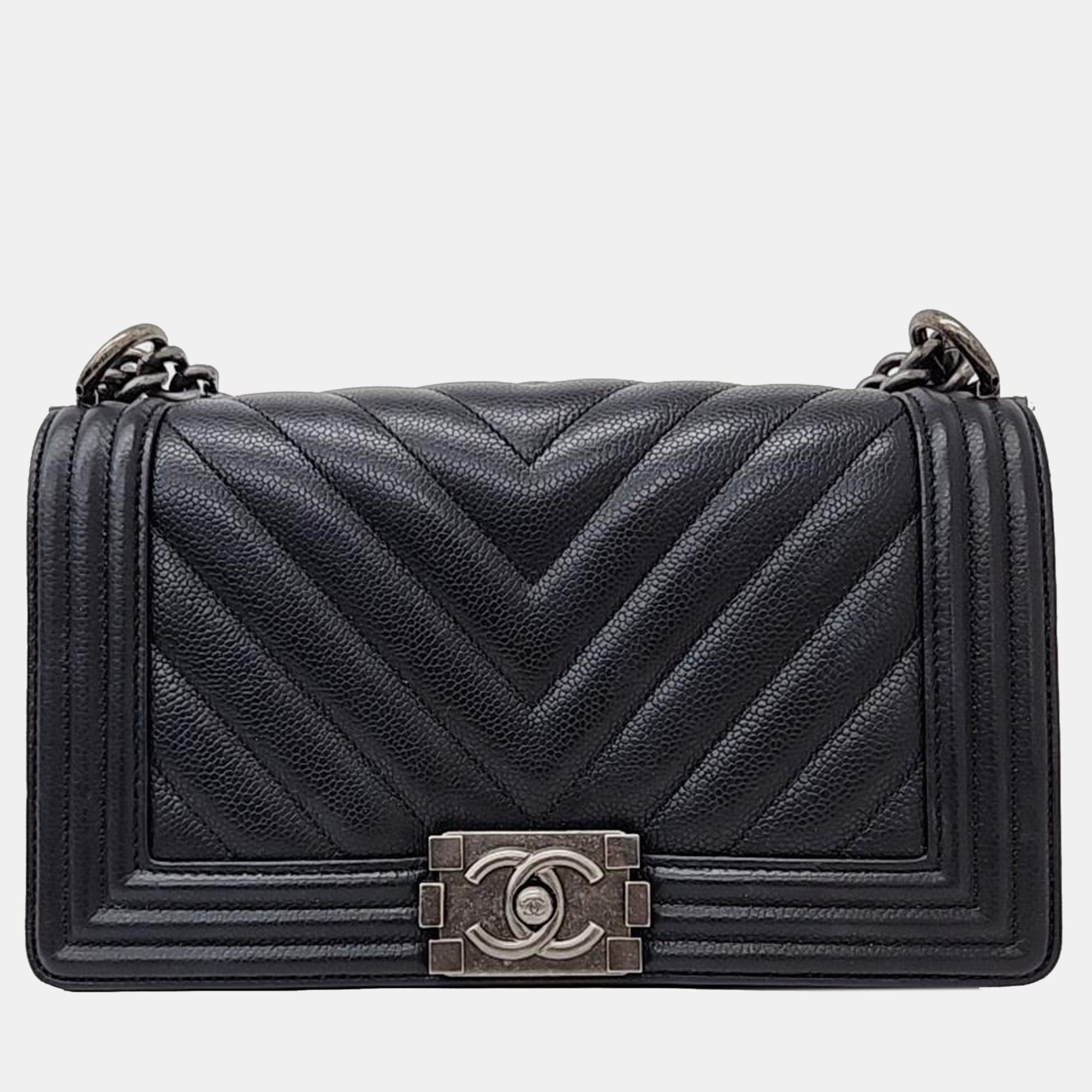 Black Caviar Chevron Boy Medium Bag - Luxury Quilted Leather Crossbody Handbag for Women | Perfect for Evening Parties, Date Nights & Special Occasions