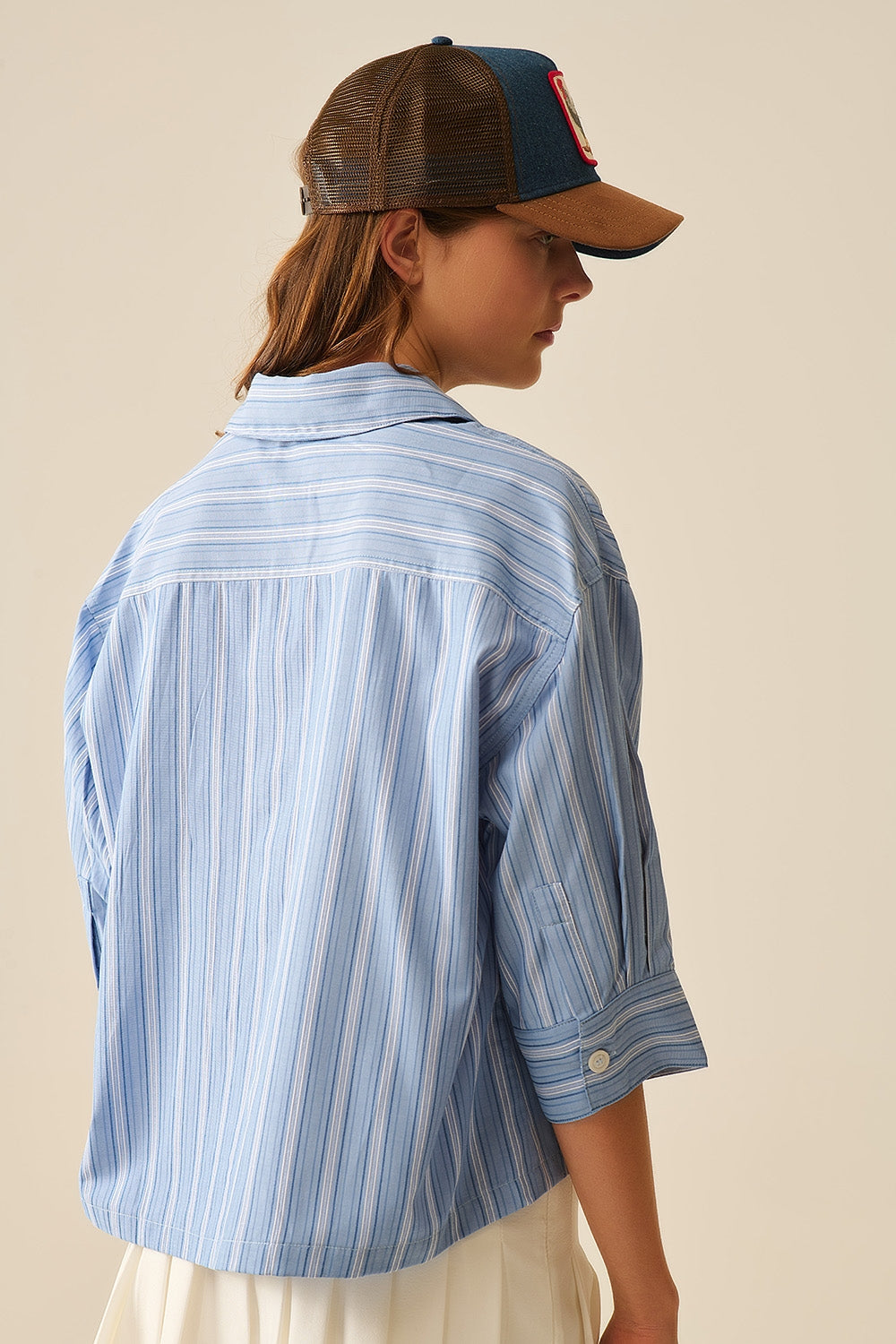 Oversized Cropped Striped Shirt Women's Blue & White Casual Summer Top - Perfect for Beach Outings, Street Style & Layered Looks