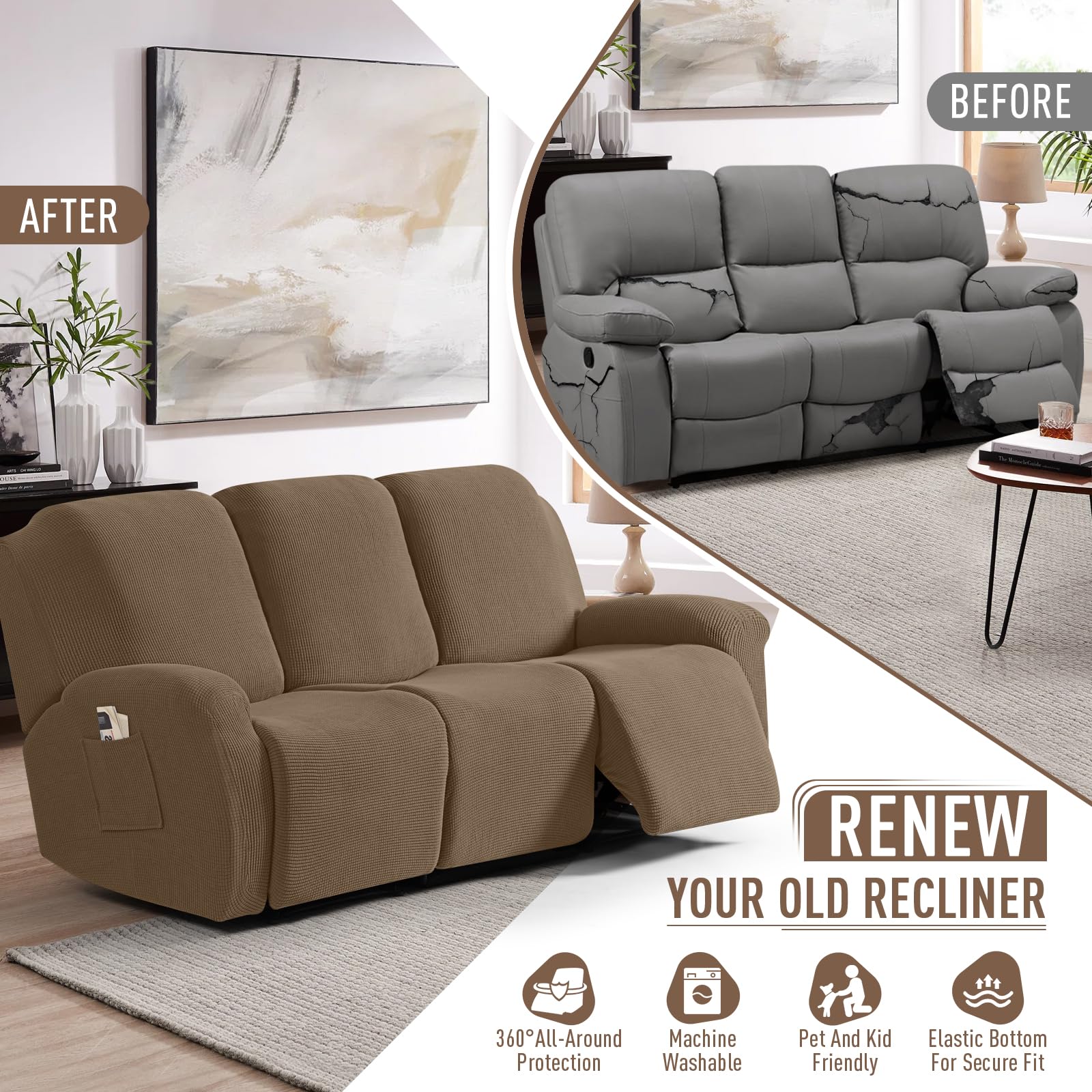 TAOCOO 8-Piece Stretch Recliner Sofa Cover Set - Soft Jacquard Fabric Couch Slipcover for 3-Seater Reclining Sofas, Furniture Protector (Khaki) | Perfect for Living Room, Home Theater & Family Gatherings