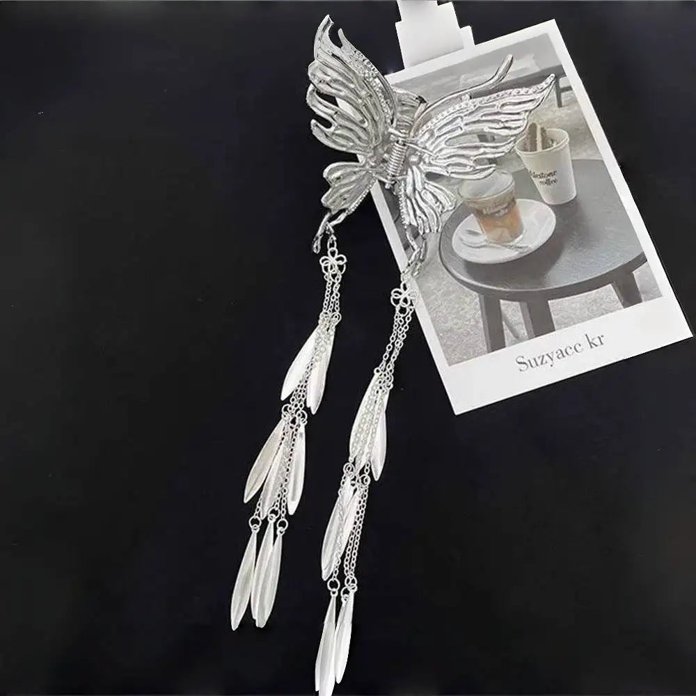 Silver Butterfly Hair Clip for Women - Trendy Chinese Hollow Tassel Barrette | Perfect for Parties, Weddings & Everyday Styling
