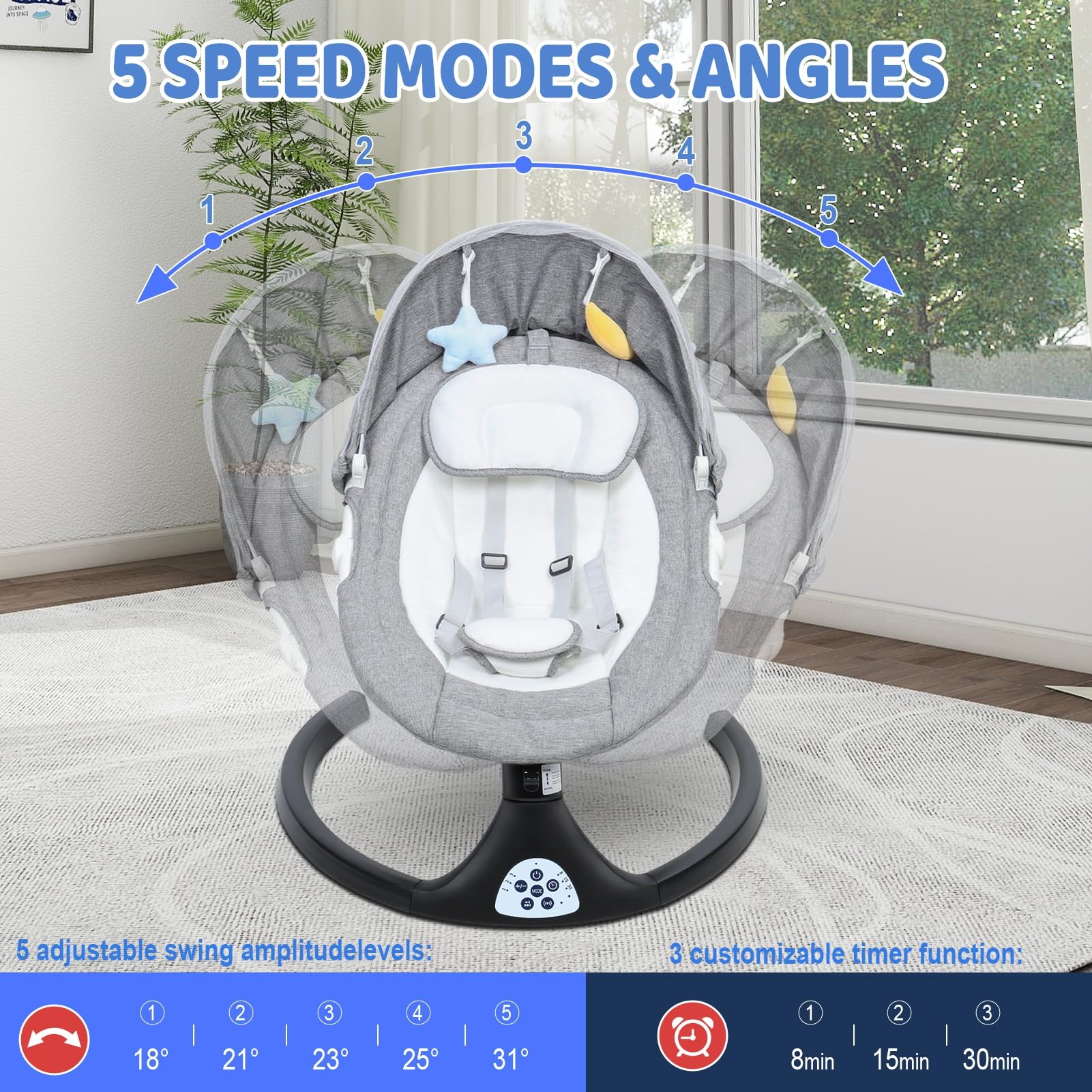 Fukursul Electric Baby Swing with Smart Sensor & Safety Harness - Bluetooth Remote Control Adjustable Infant Rocker with Soothing Music & Plush Toys | Perfect for Nursery, Daycare & Calming Fussy Babies