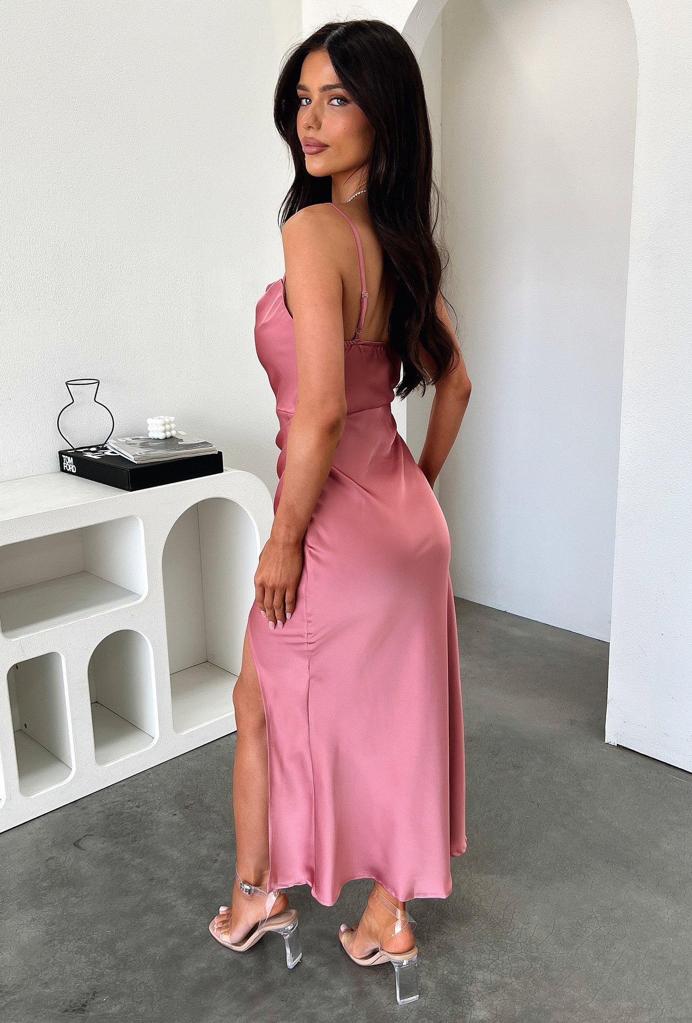 Evelyn Satin Cowl Neck Midi Dress in Rose Pink - Elegant Women's Formal Evening Gown for Cocktail Parties, Weddings & Date Nights