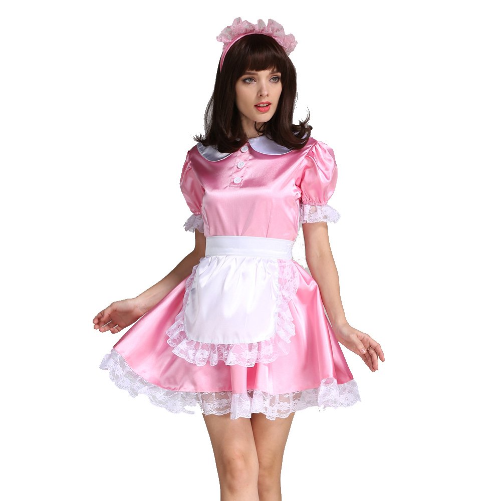 Sexy Pink Satin French Maid Costume for Women - Halloween Cosplay, Role Play, Crossdressing & Party Outfit