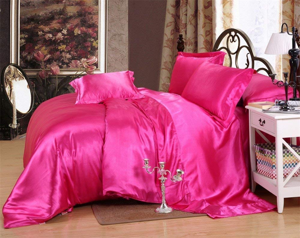 Oversized King Comforter Set - 7 Piece Satin Bedding Set (Comforter, Flat Sheet, Fitted Sheet 19'' Deep, 4 Pillowcases) 600 GSM Hot Pink Luxury Satin Comforter Set - Perfect for Master Bedroom, Guest Room & Cozy Winter Nights