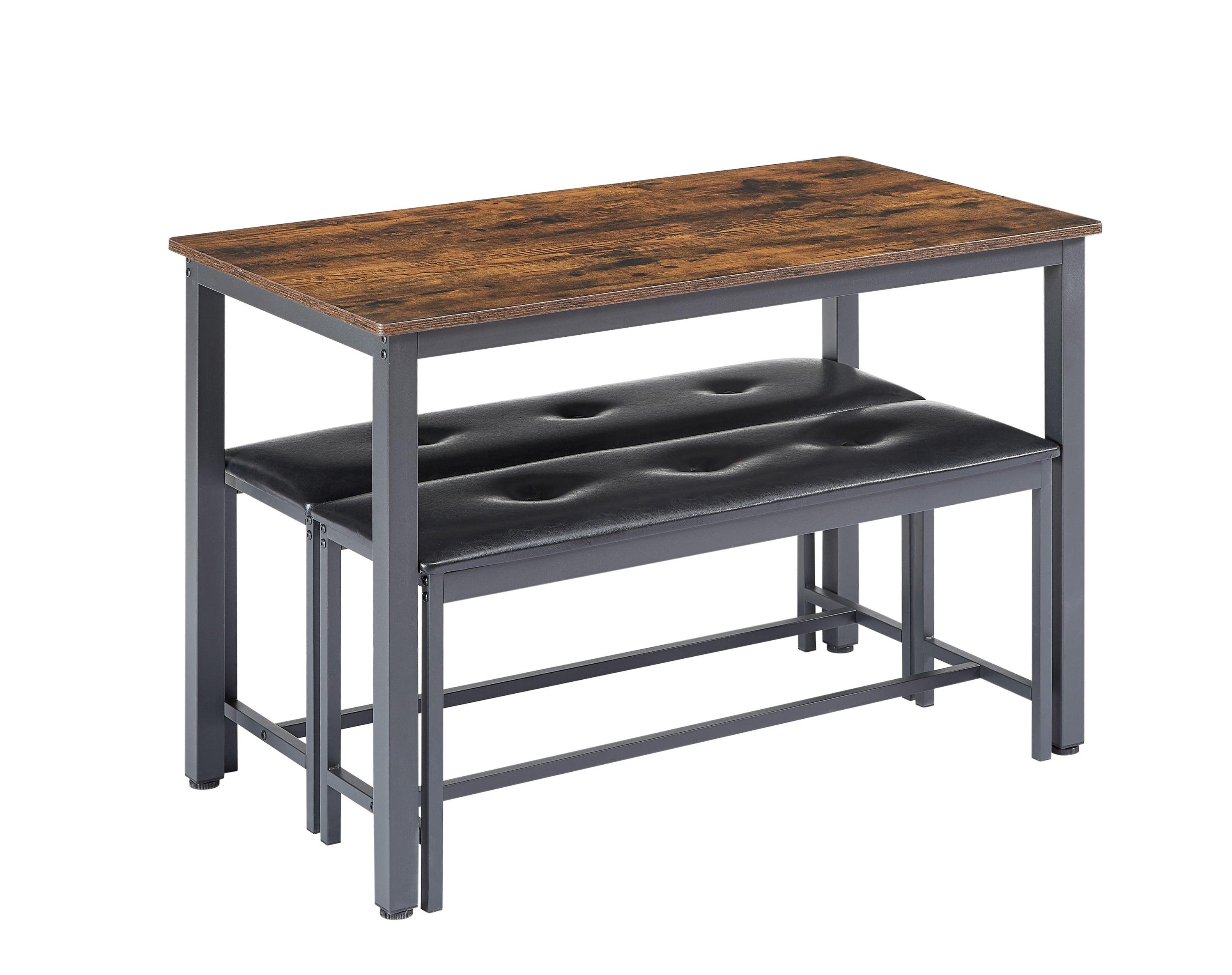 Industrial Style Dining Table Set with 2 PU Upholstered Benches - Rustic Brown Kitchen & Living Room Furniture (43.3