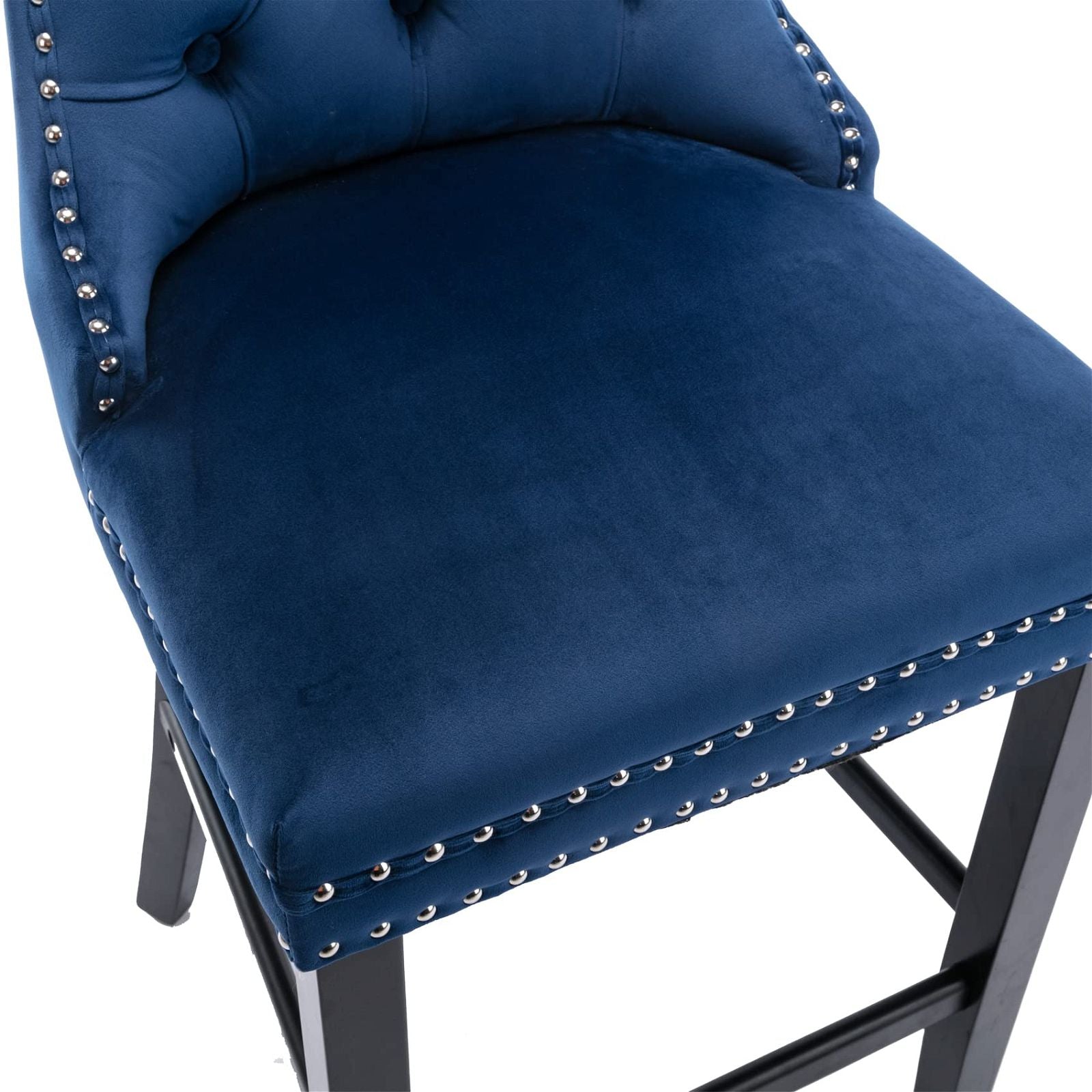 Velvet Bar Stools with Studs Trim & Wooden Legs - Set of 6 Tufted Dining Chairs for Kitchen Counter, Breakfast Nook & Home Bar Decor