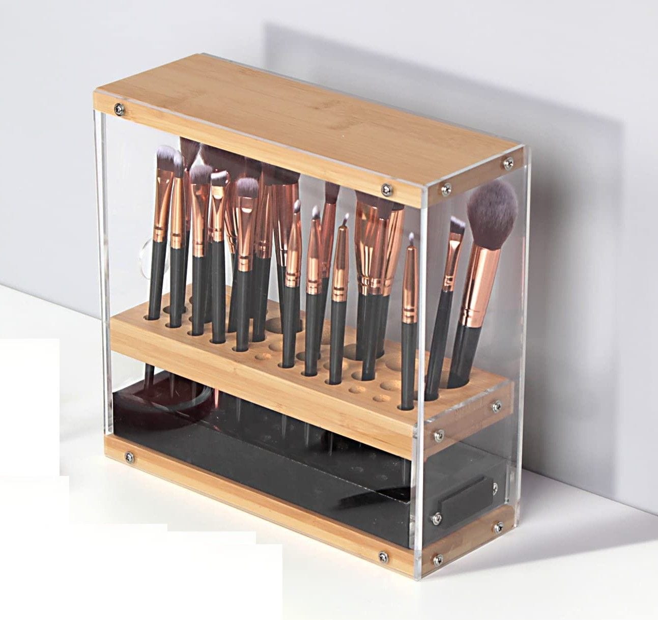 31-Hole Acrylic Bamboo Cosmetic Brush Organizer with Leather Drawer - Black Beauty Display Stand (22.3 x 8.6 x 21.5 cm) - Perfect for Makeup Vanity, Salon & Bathroom Storage