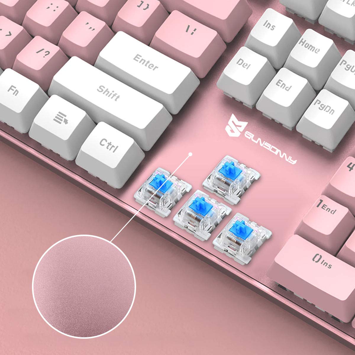 Qisan Mechanical Gaming Keyboard - Wired USB Backlit Keyboard with Blue Switches, Full Size 104 Keys, US Layout (White & Pink) - Perfect for PC Gaming, Office Work, and Typing Enthusiasts