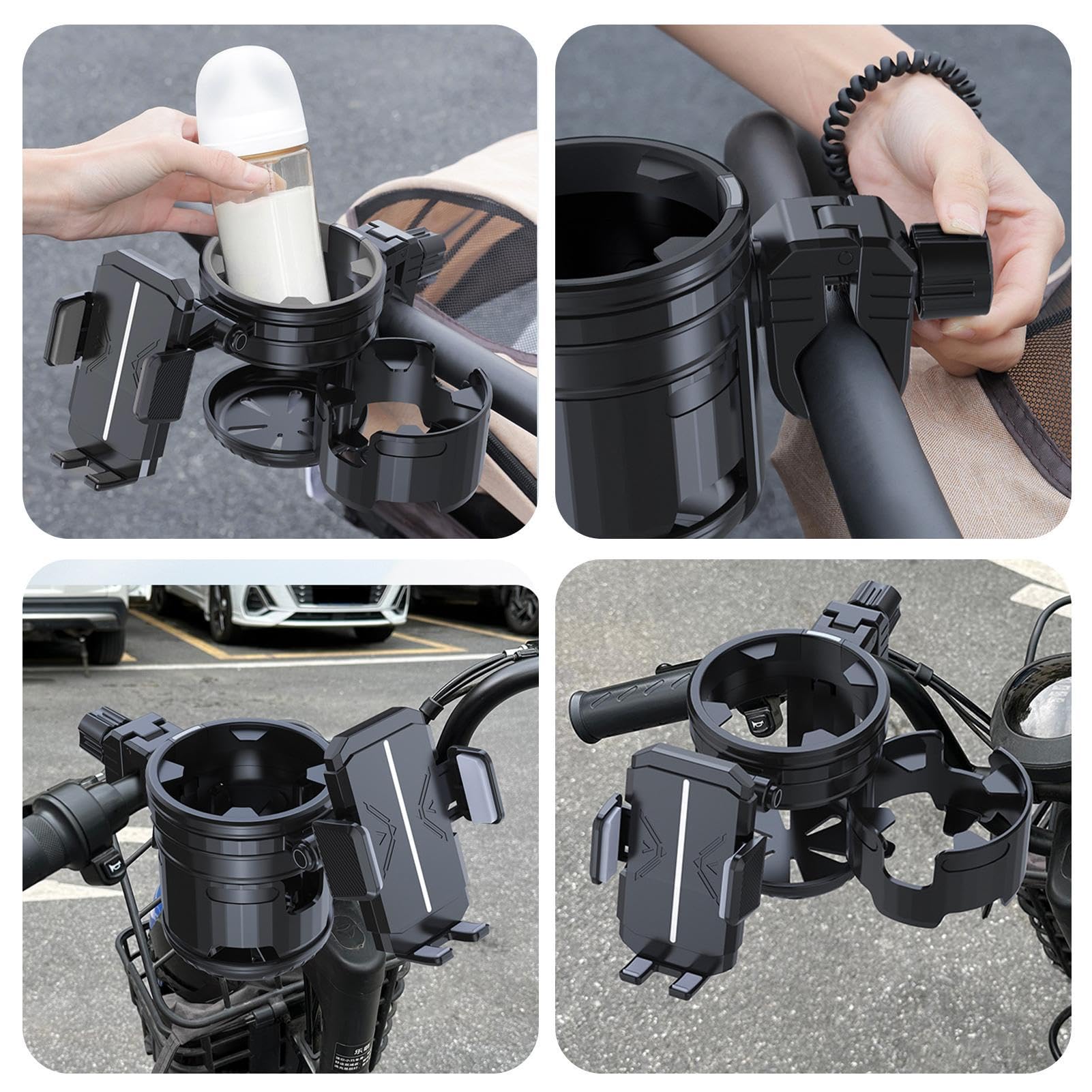 Adjustable Stroller Cup Holder with Phone Pocket - Universal Drink Holder for Coffee Mugs & Smartphones - Convenient Stroller Accessories for Parents (Black) - Perfect for Walks, Shopping & Outdoor Activities