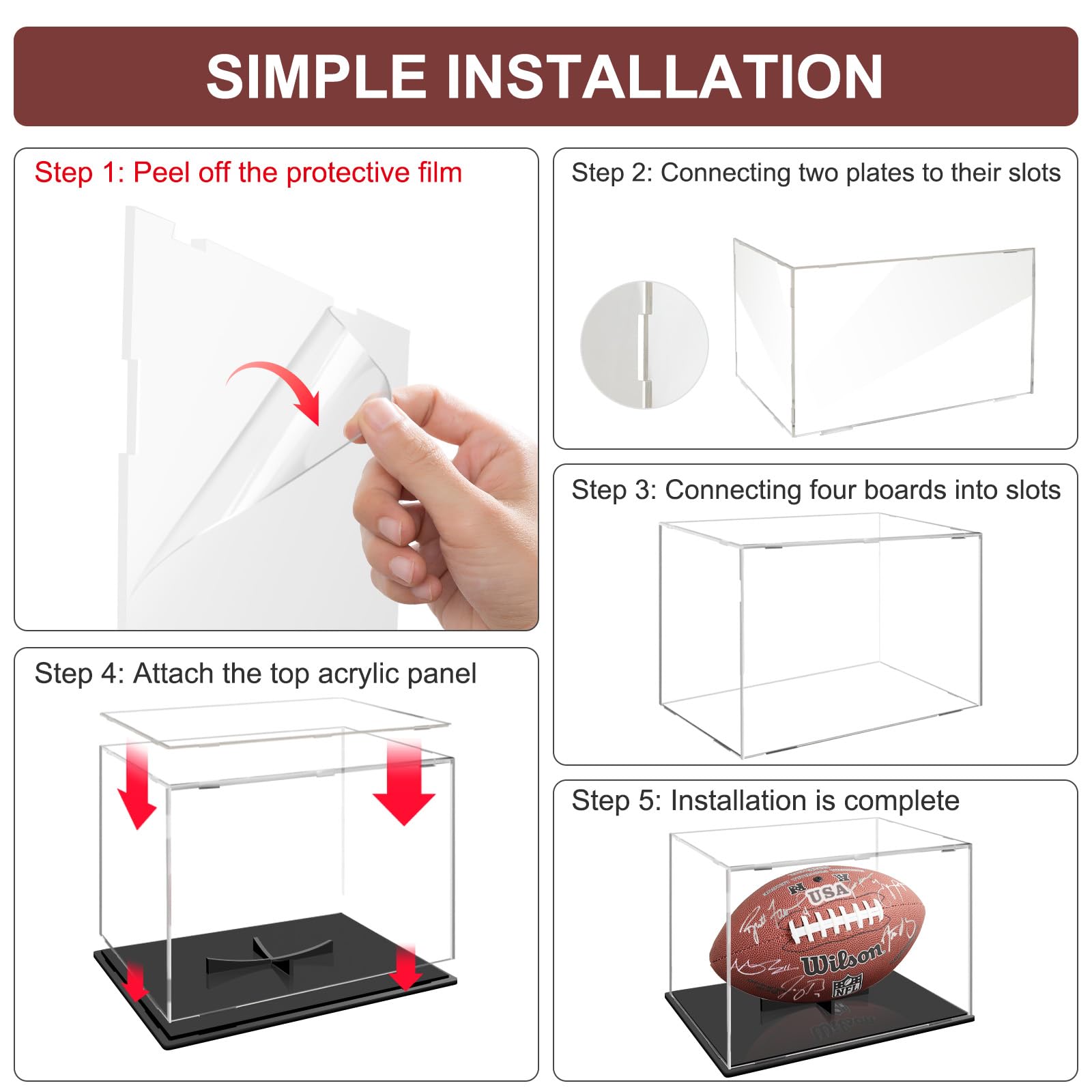 Clear Acrylic Football Display Case with Removable Stand - UV & Dust Protection for Signed Footballs, Sports Memorabilia & Collectibles - Perfect for Home, Office, or Man Cave Decor
