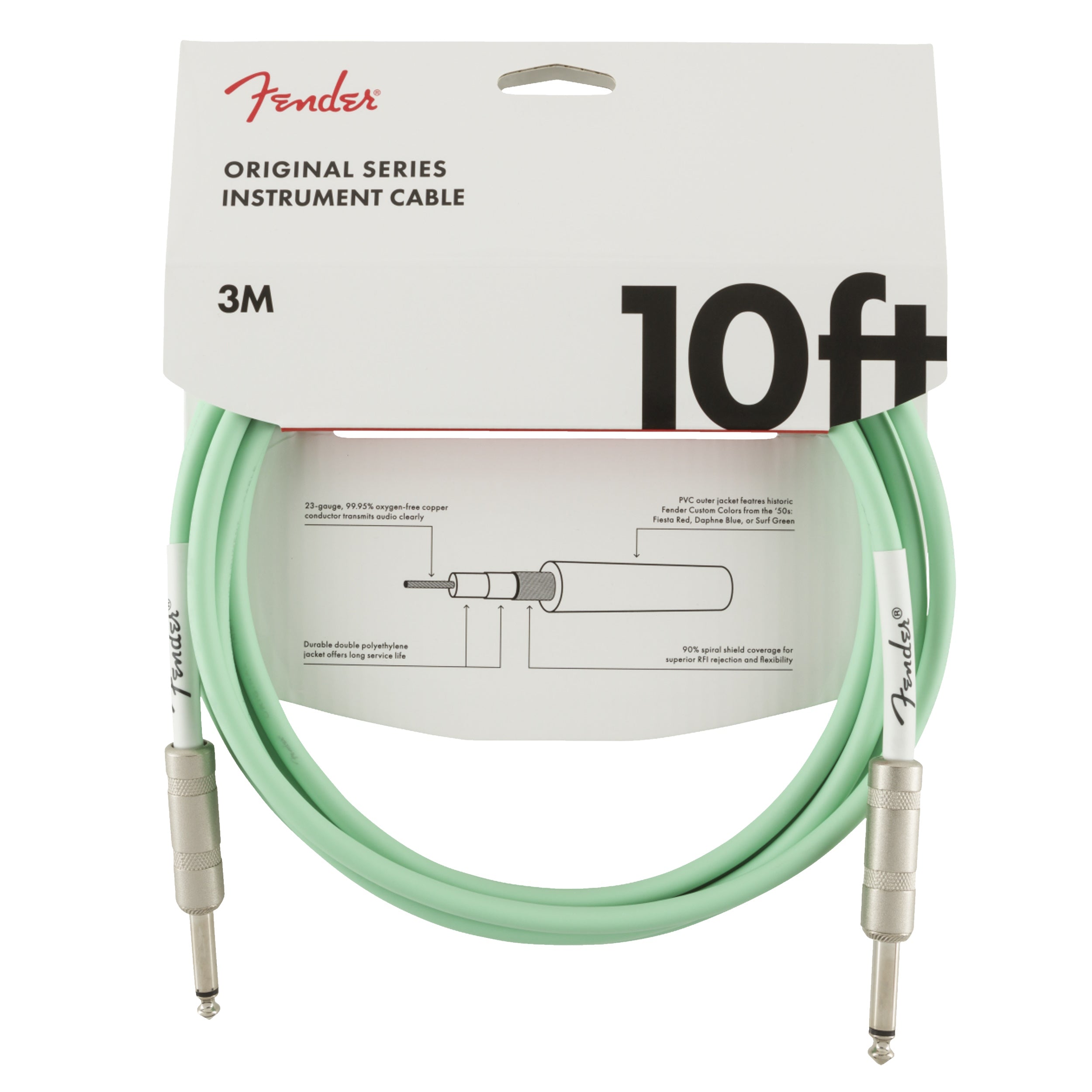 Fender Original Series 10 Foot Instrument Cable - Surf Green | High-Quality Guitar & Bass Cable for Live Performances & Studio Recording