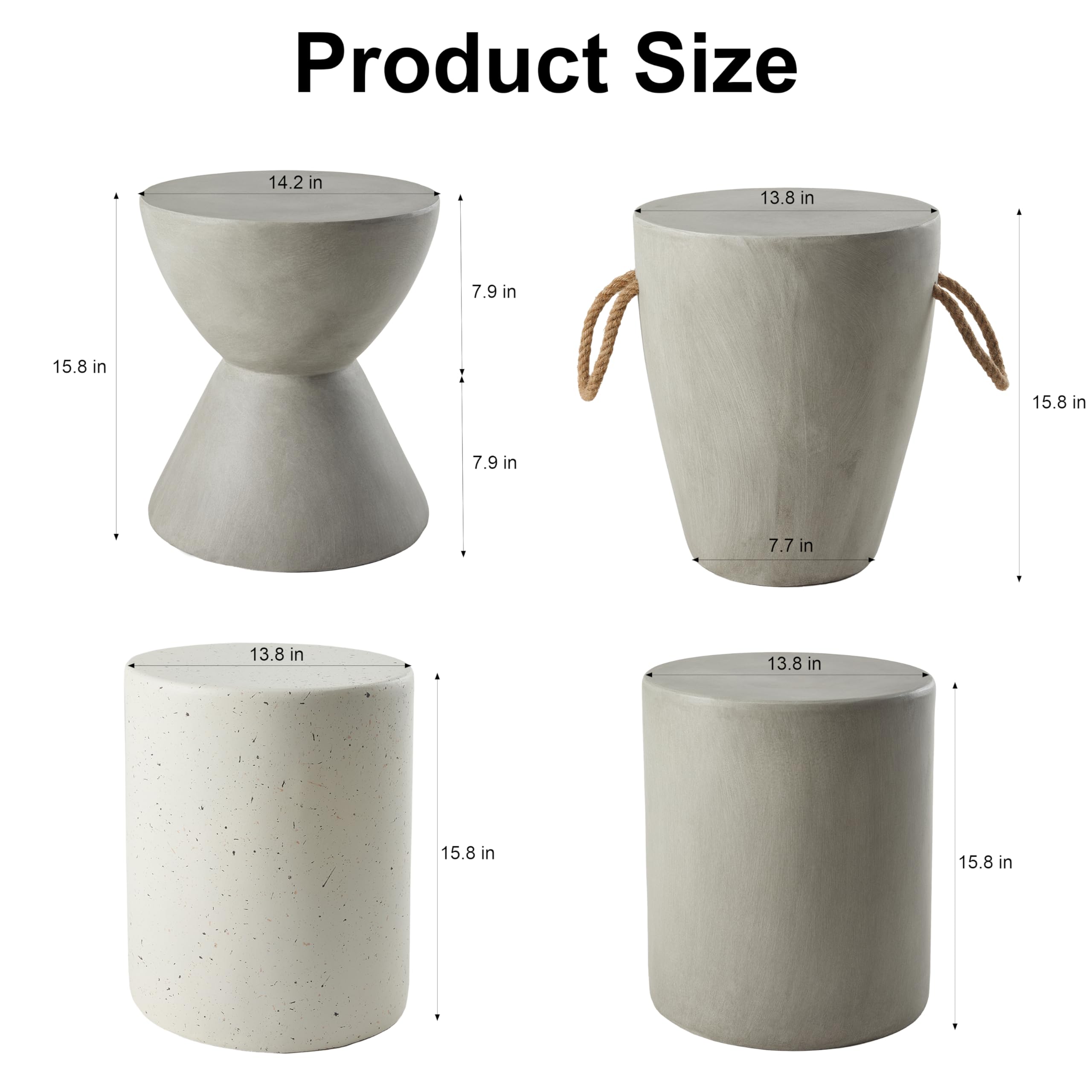 Outdoor Side Tables for Patio - Set of 2 Hourglass-Shaped Concrete End Tables, Modern Round Stone Coffee Table for Garden, Deck & Poolside Use