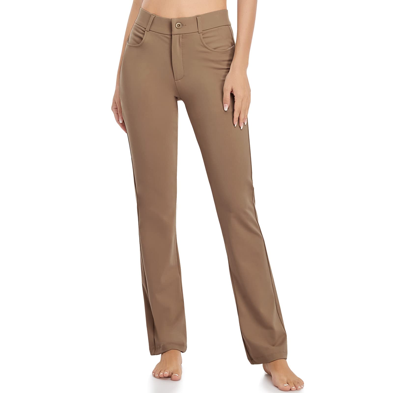 HISKYWIN Women's Stretchy Yoga Dress Pants - Straight Leg & Bootcut Office Work Slacks with Pockets for Business Casual, Petite Sizes - Perfect for Yoga, Work, Travel & Everyday Wear
