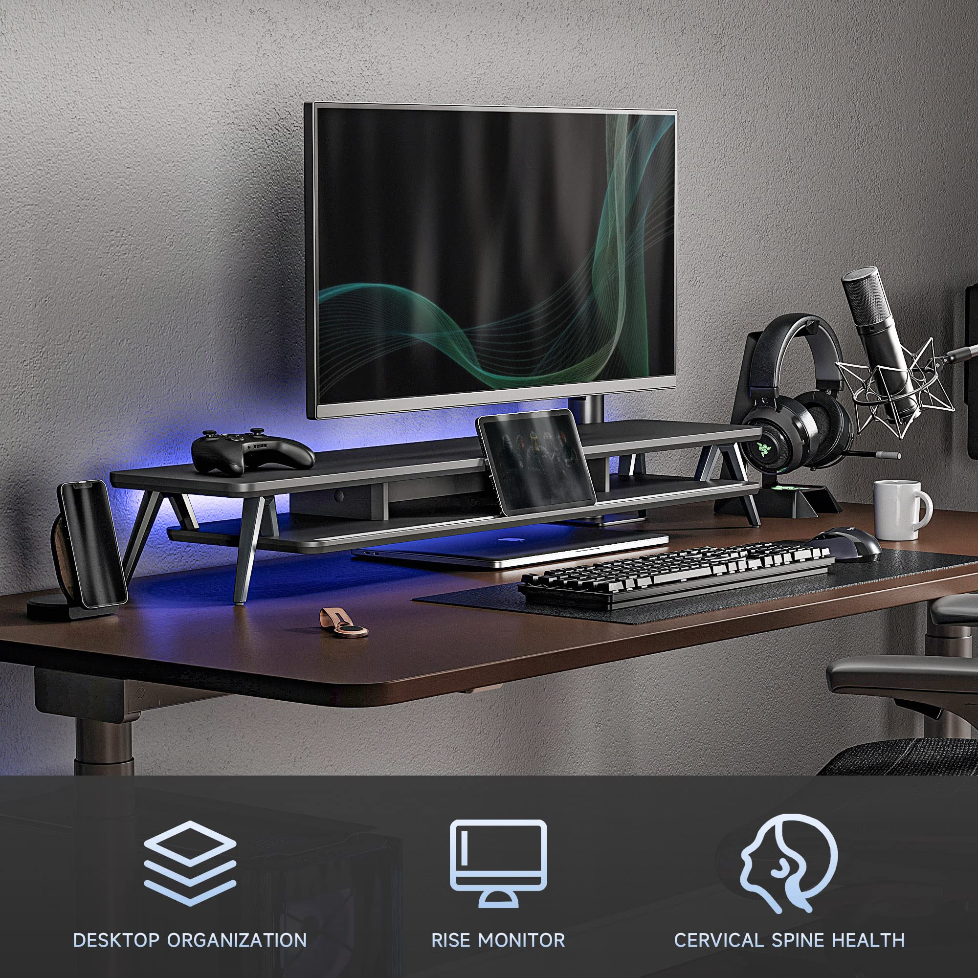 Dual Monitor Stand for 2 Screens - 42.5 Inch Wooden Desk Shelf with Storage Organizer & Cable Management - Office Desk Accessories (Black) - Perfect for Home Office Setup & Workspace Organization