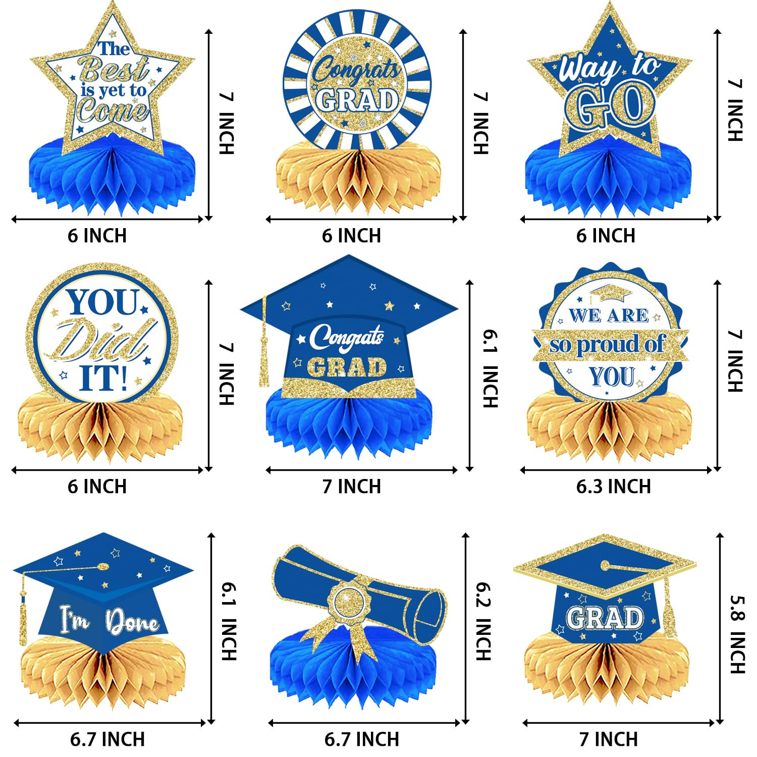 2025 Graduation Party Decorations - 9-Piece Blue & Gold Honeycomb Centerpieces for Graduation Ceremony, Congrats Grad Decor - Perfect for Graduation Party, School Events & Home Celebration