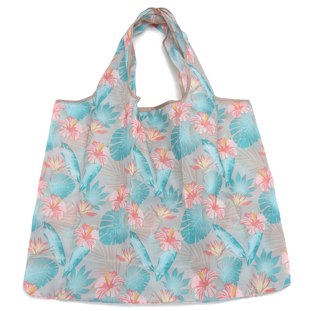 Foldable Tote Bag for Women - Jackie Monstera Hibiscus Grey - Stylish & Lightweight Shopping Bag for Groceries, Beach, Travel & Work