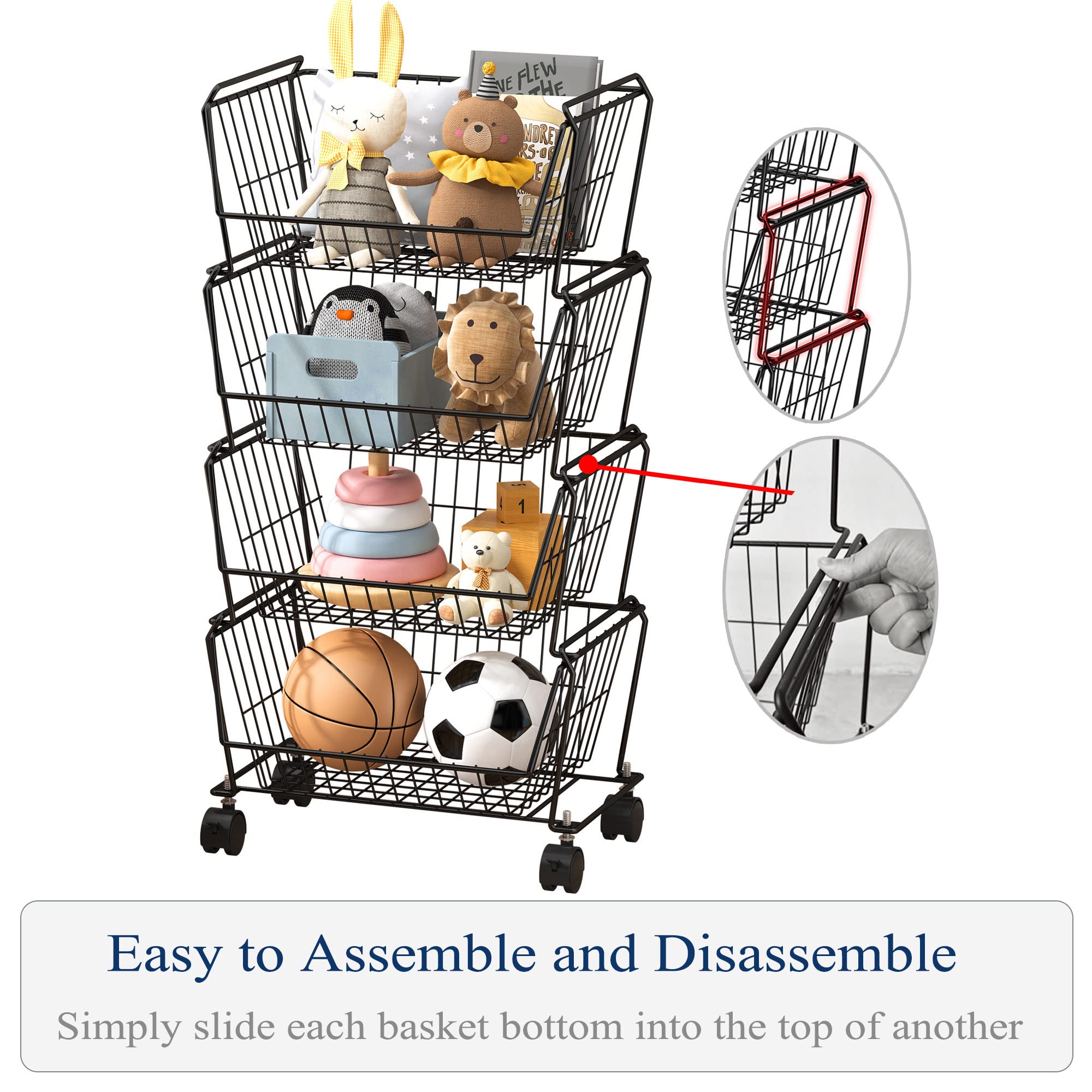 PUSDON 4-Tier Stackable Metal Storage Baskets - Rustproof Kitchen Organizer for Fruits, Vegetables, Pantry & Office Supplies - Space Saving Shelf for Home, Kitchen & Office Organization (Black)