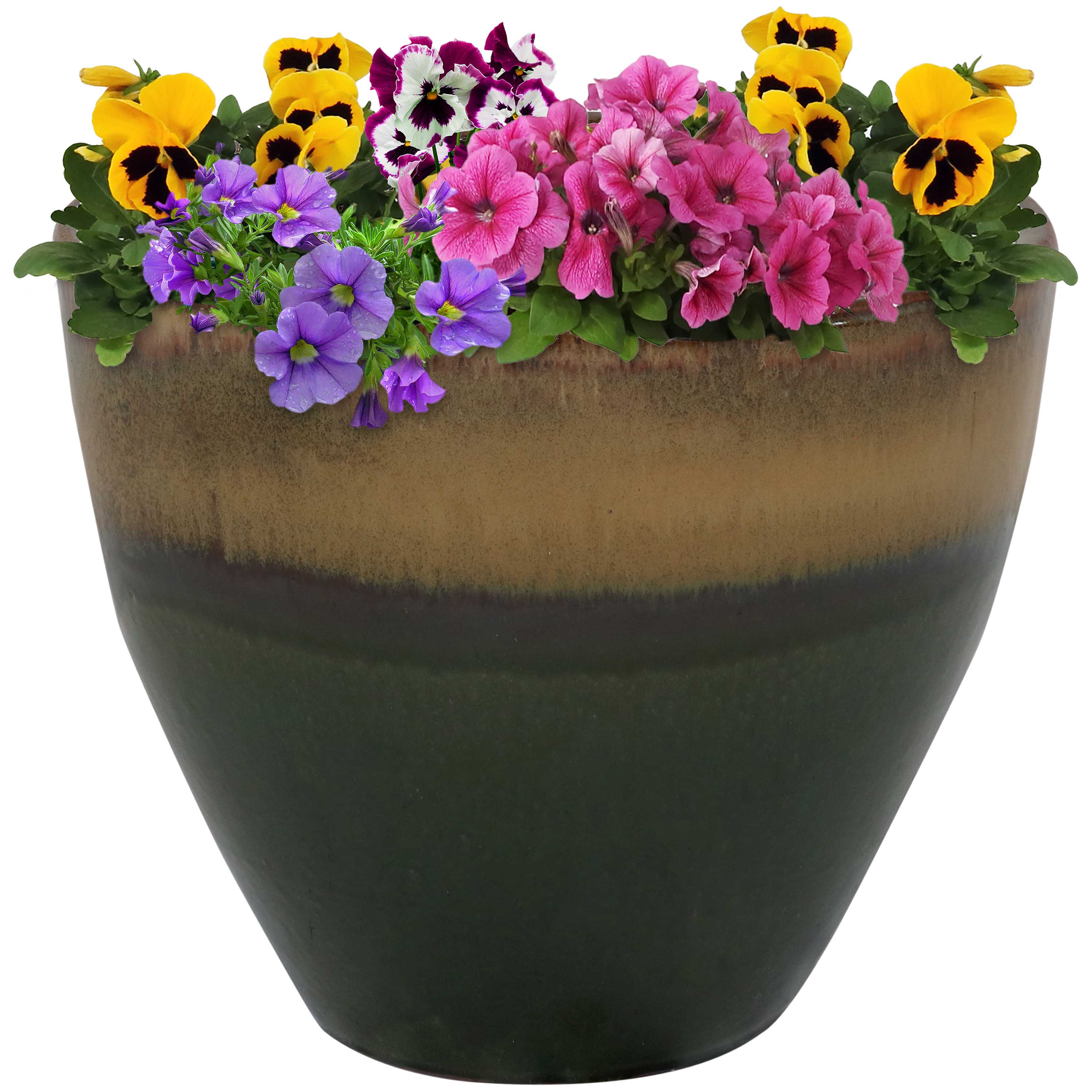 Sunnydaze Resort Round Glazed Ceramic Planter with Drainage Hole - Outdoor Garden Flower Pot for Patio, Deck & Balcony Decor