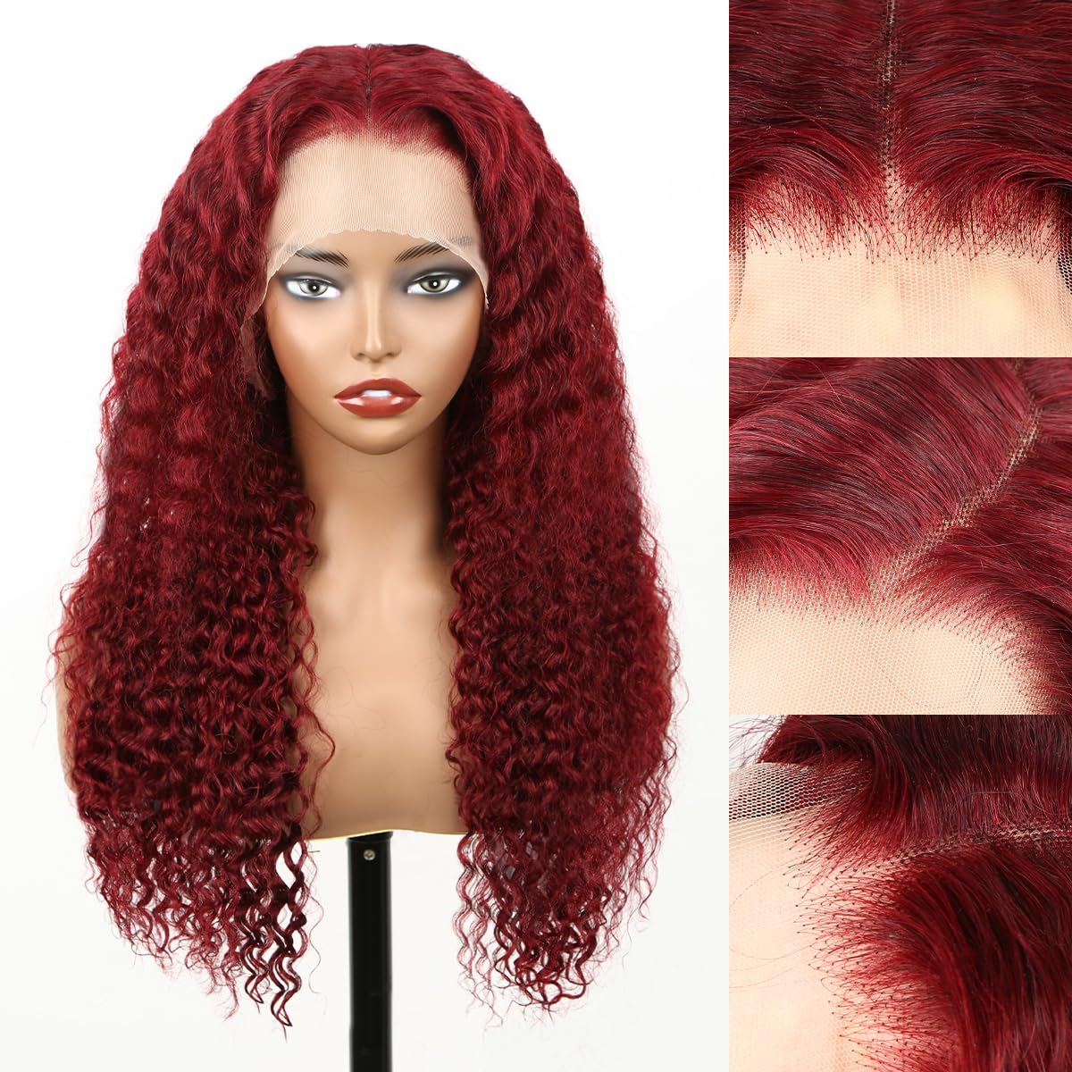 Burgundy 13x4 Lace Front Wig Human Hair 180% Density Water Wave Glueless Pre Plucked Bleached Knots 28 Inch - Natural Red Colored Curly Wig for Women | Perfect for Cosplay, Parties, Weddings & Daily Wear