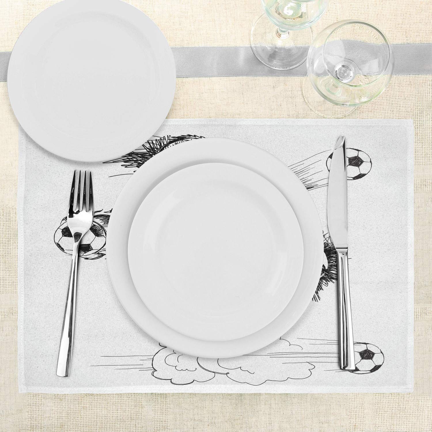 Ambesonne Soccer Placemats Set of 4 - Round Soccer Ball Design, Fast Kick Action Sketch - Washable Fabric Dining Table Mats, Standard Size (16