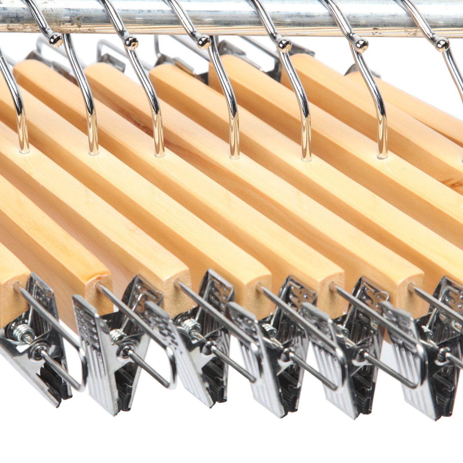 10-Pack Natural Wooden Pant & Skirt Hangers with 2 Adjustable Rust-Resistant Clips - Space-Saving Closet Organizer for Pants, Skirts & Dresses