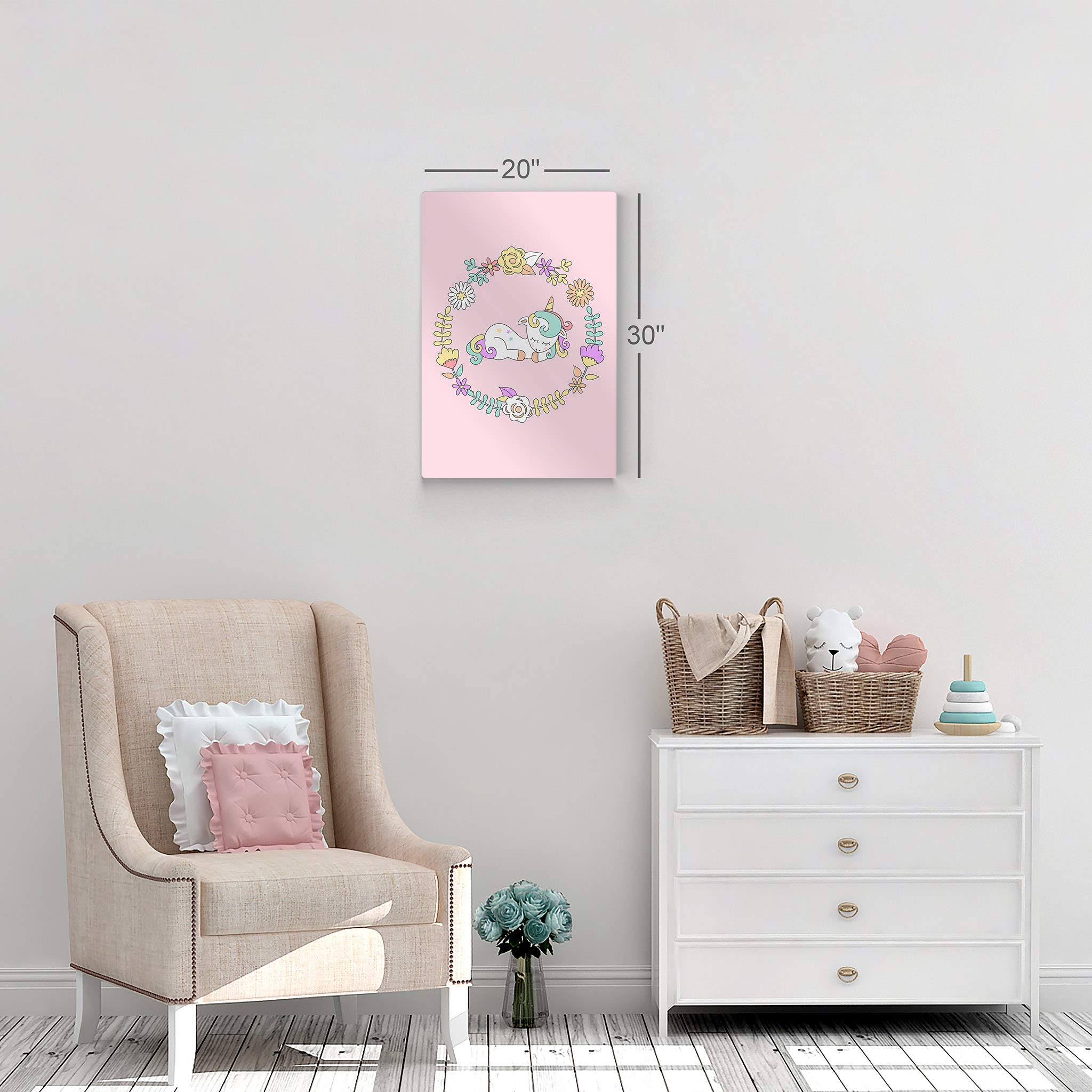Cute Unicorn Wall Art - Floral Circle Pink Background Metal Print for Kids Room, Nursery & Baby Room Decor | Made in USA 40x30 | Perfect for Birthday Gifts, Baby Showers & Unicorn-Themed Bedrooms
