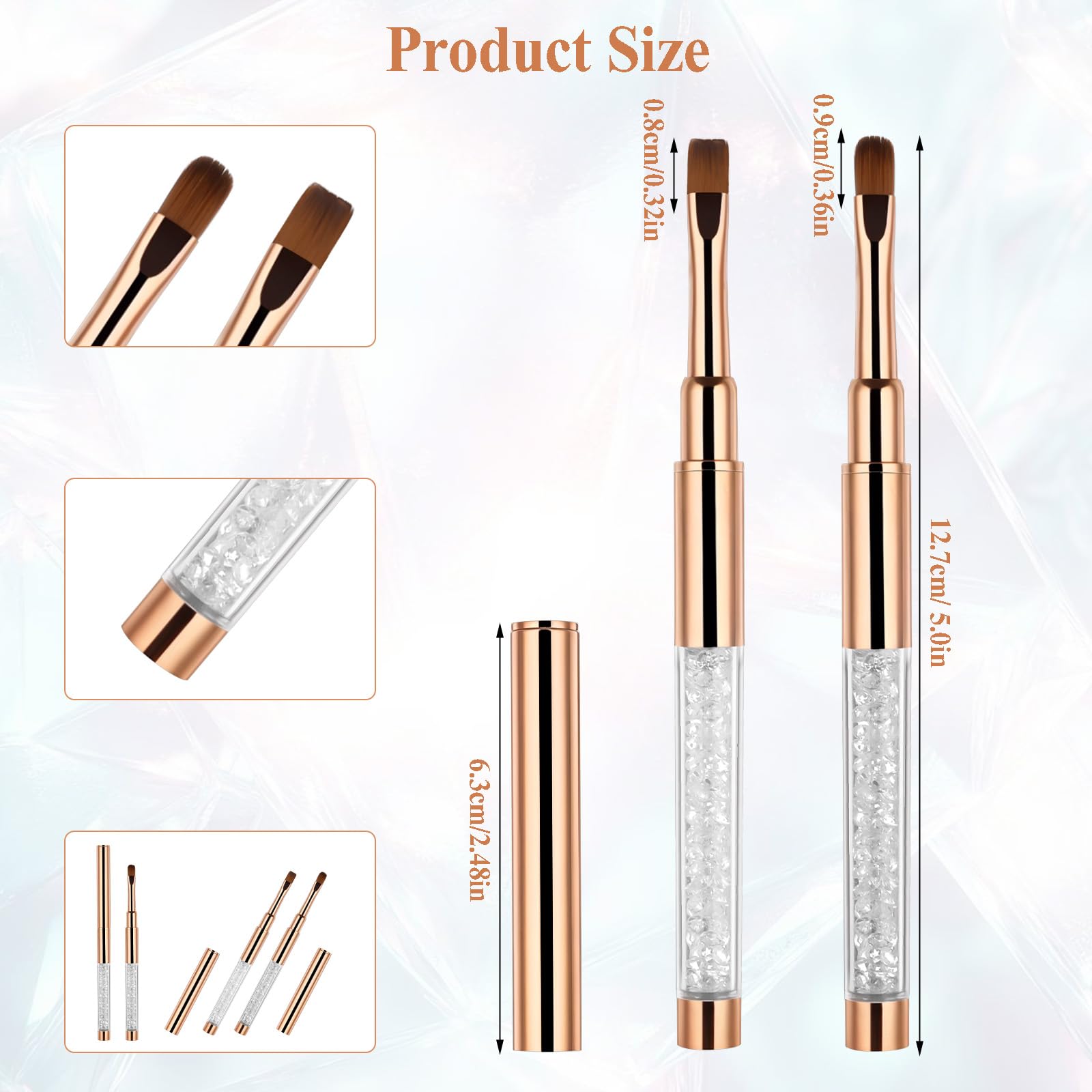 2 Pcs Professional UV Gel Nail Brushes Set - Oval & Flat Shape with Rhinestone Handle for Acrylic Nails Extension, Builder Gel Application and Nail Art Design | Perfect for Salon, Home Manicure & DIY Nail Art Projects