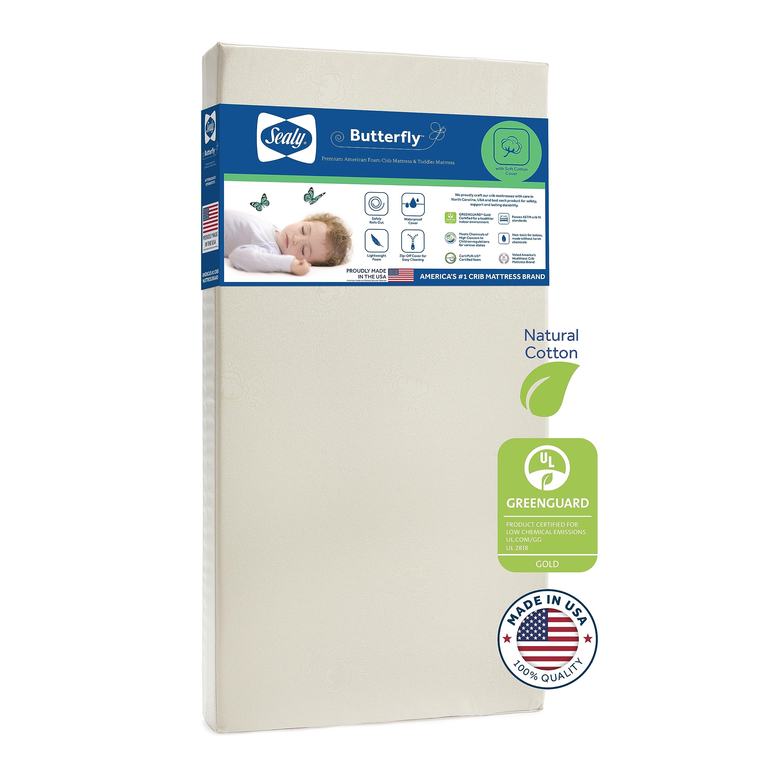 Sealy Baby Butterfly Breathable Waterproof Crib Mattress & Toddler Bed Fit - Premium Foam, Washable Cover, GREENGUARD Gold Certified - Safe & Quality Tested, Made in USA (52