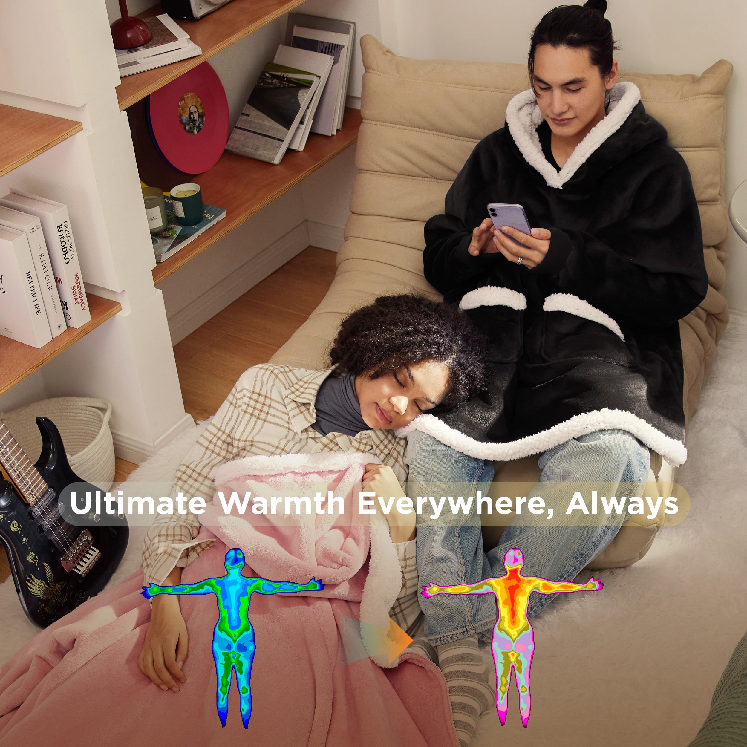 Bedsure Wearable Blanket Hoodie for Adults & Kids - Soft Fleece Sherpa Blanket with Sleeves - Perfect Birthday Gift for Women, Men, Mom - Mothers Day Gift Idea - Black & Kids Sizes - Cozy for Movie Nights, Camping & Lounge Wear