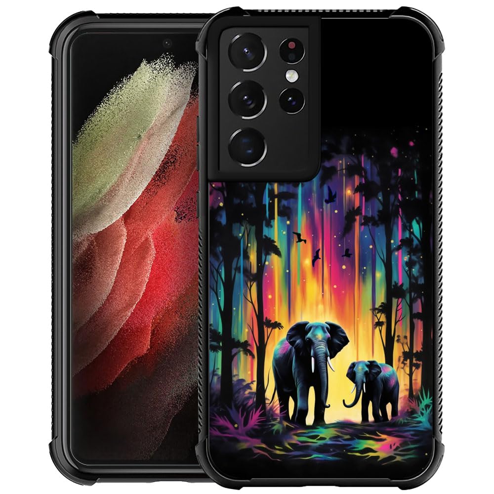 Shockproof Anti-Scratch Hard PC Case for Samsung Galaxy S21 Ultra - Colorful Elephant Forest Design, Durable Protection for Everyday Use, Travel & Outdoor Activities