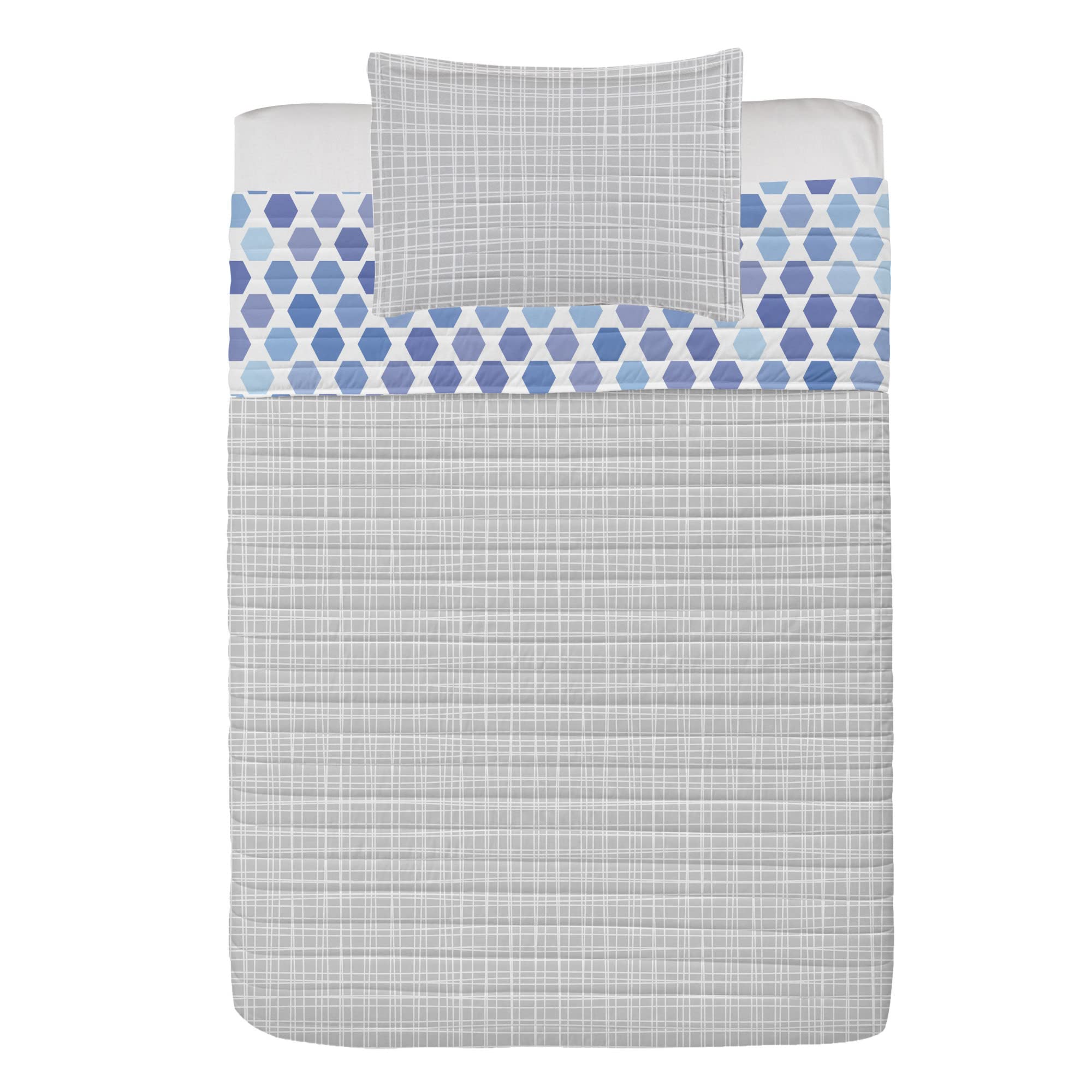 Ambesonne Geometric Reversible Bedspread Set - Abstract Zigzag Hexagon Pattern in Vivid & Dark Blue Tones - Microfiber Comforter & Pillow Shams - Twin Size Baby Blue Bedding for Modern Bedrooms & Guest Rooms