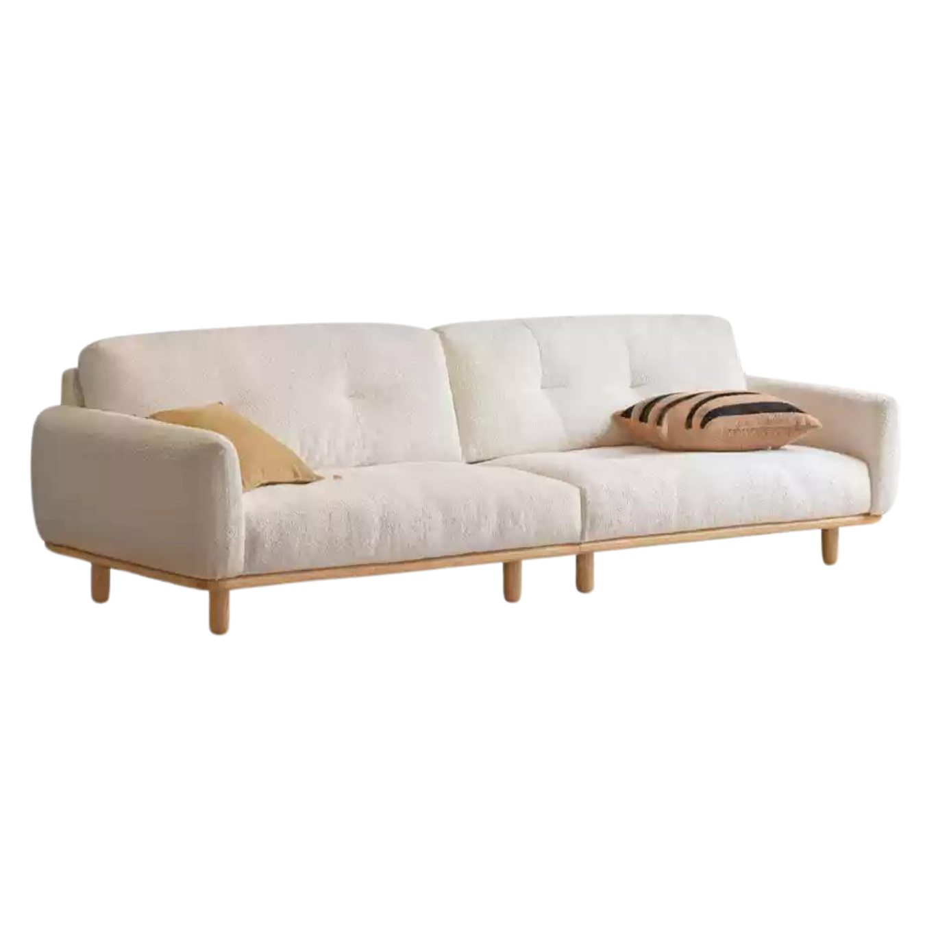 94.4x38.1x33 inch / 240x97x84 cm / Natural wood color / Sofa large three person seat (Cloud cotton White)