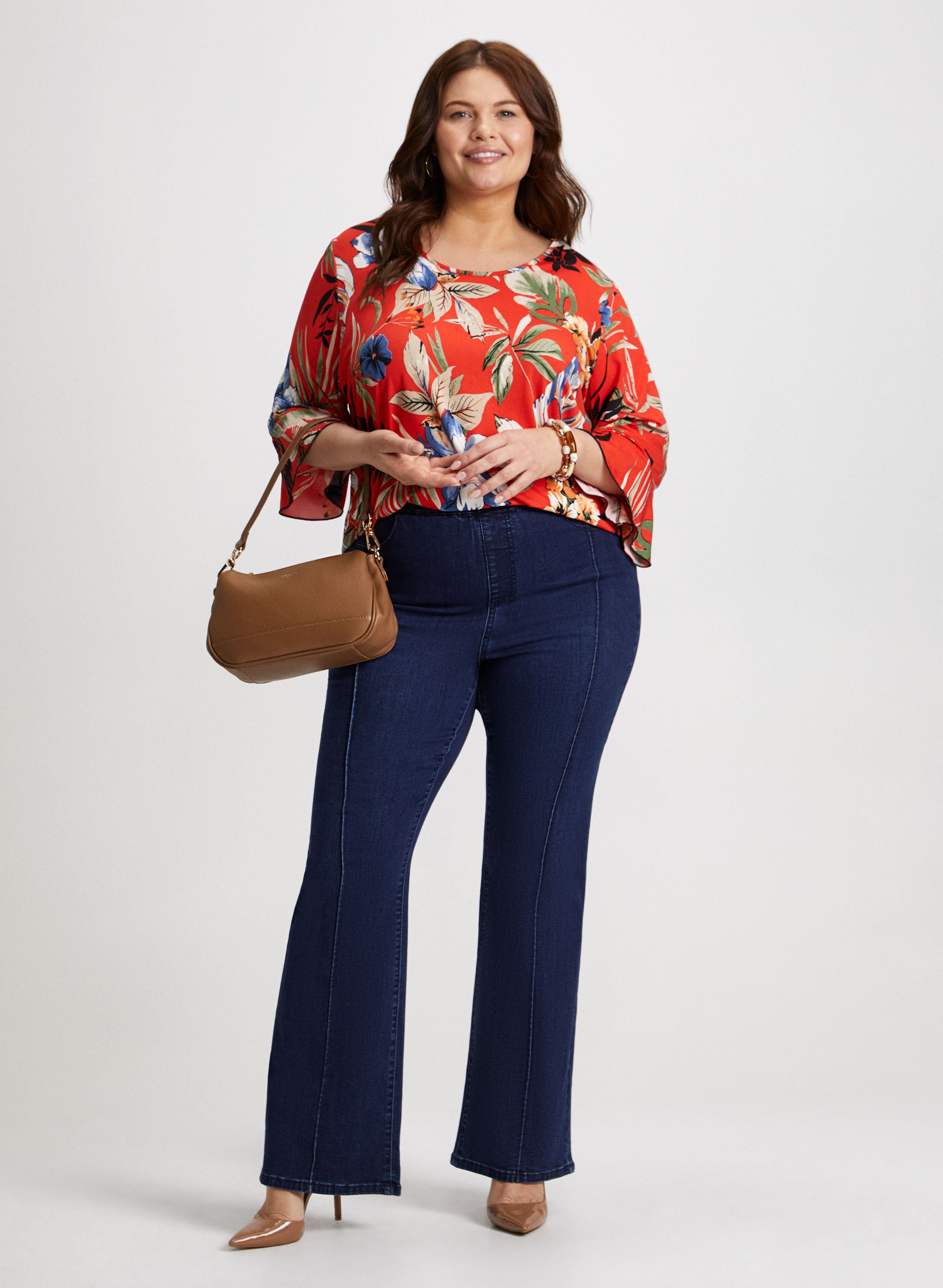 Floral Print 3/4 Sleeve Blouse & Stretch Bootcut Jeans for Women - Casual Outfit for Spring, Date Night & Office Wear