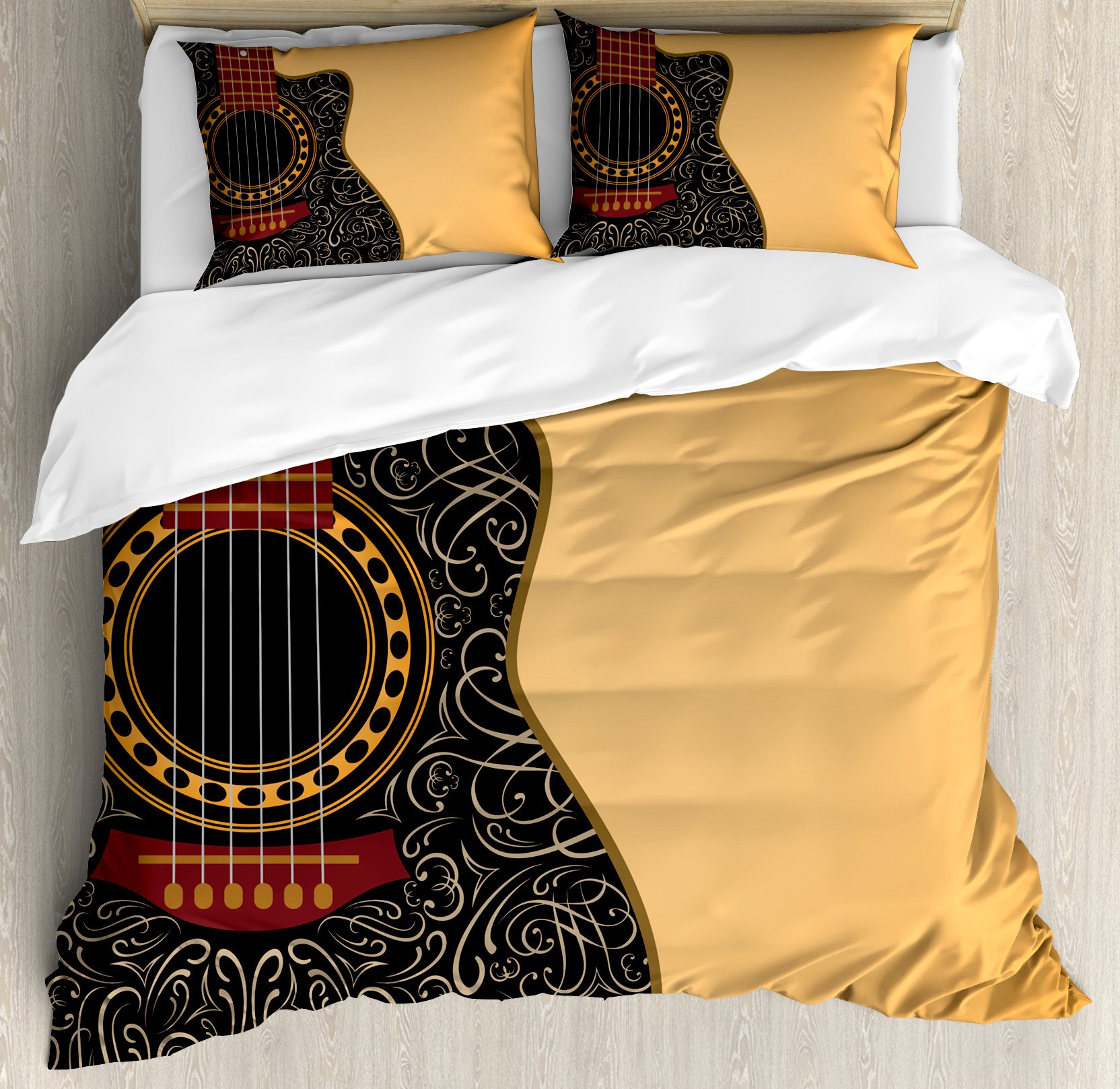 Ambesonne Vintage Floral Guitar Duvet Cover Set - 3 Piece Queen Size Bedding with 2 Pillow Shams in Pale Orange, Black & Maroon | Perfect for Musicians' Bedrooms, Bohemian Decor & Music Lover Gifts