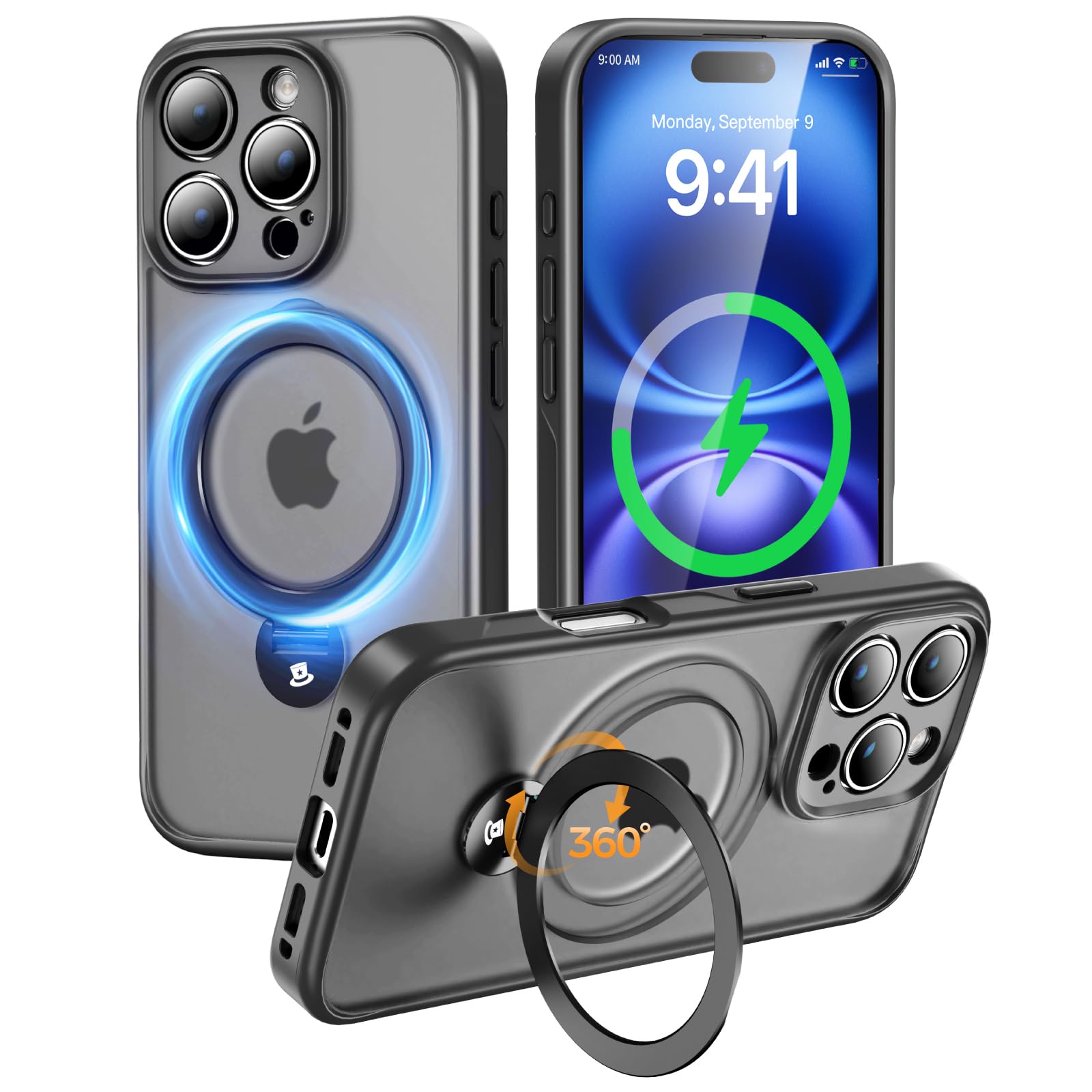 MAGIC JOHN Magnetic iPhone 16 Pro Max Case with Sturdy Kickstand - Military-Grade Drop Protection, MagSafe Compatible, Shockproof Translucent Cover for iPhone 16 Pro Max (6.9 Inch) - Perfect for Outdoor Adventures, Travel & Daily Protection (Black)