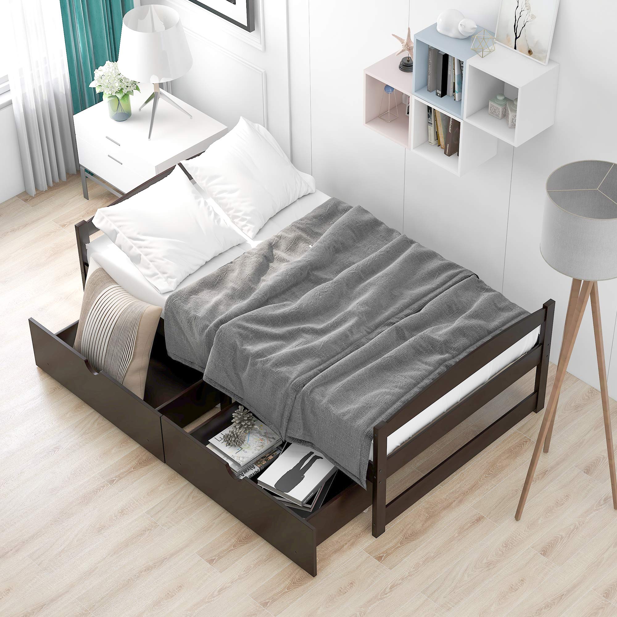 Polibi Twin Size Wood Platform Bed Frame with 2 Rolling Storage Drawers - Espresso Finish for Small Spaces, Kids Room & Guest Bedroom